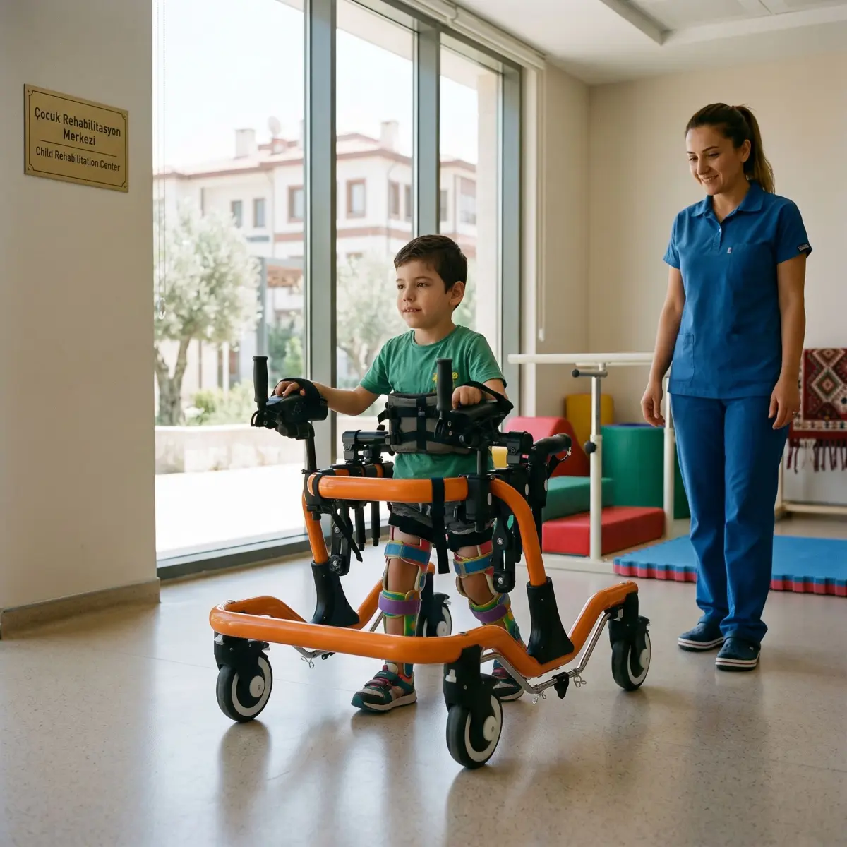 Rehabilitasyon merkezinde ters walker ile yürüyüş çalışması yapan çocuk