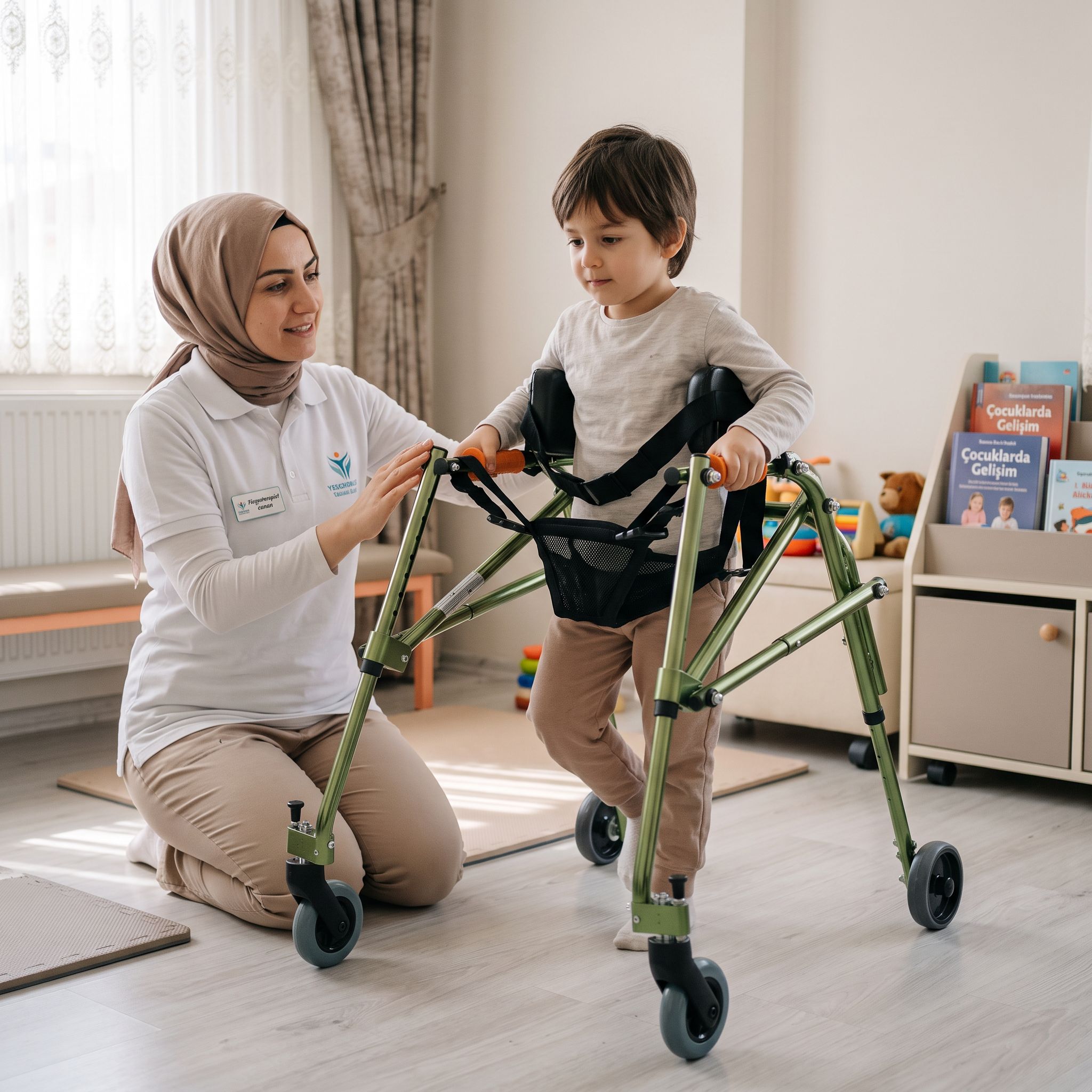 Fizyoterapi desteğiyle ters walker kullanan bir çocuk, ev ortamında basit denge egzersizi yapıyor.