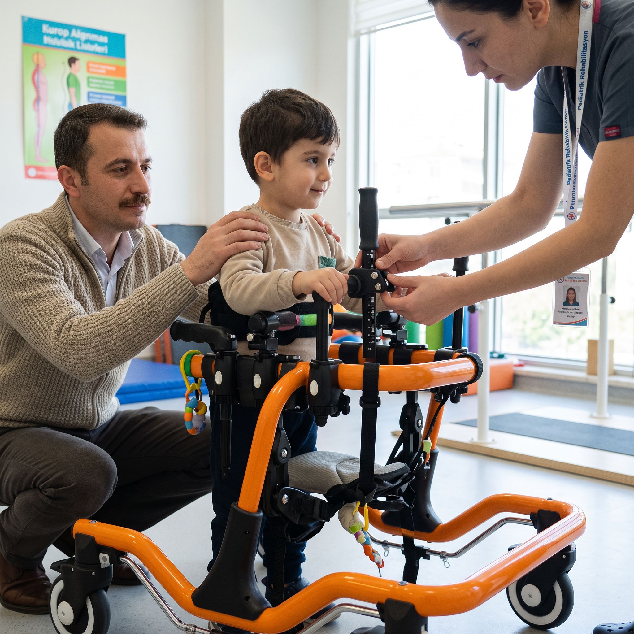 Pediatrik ters walker boy ayarının kontrol edildiği bir sahne