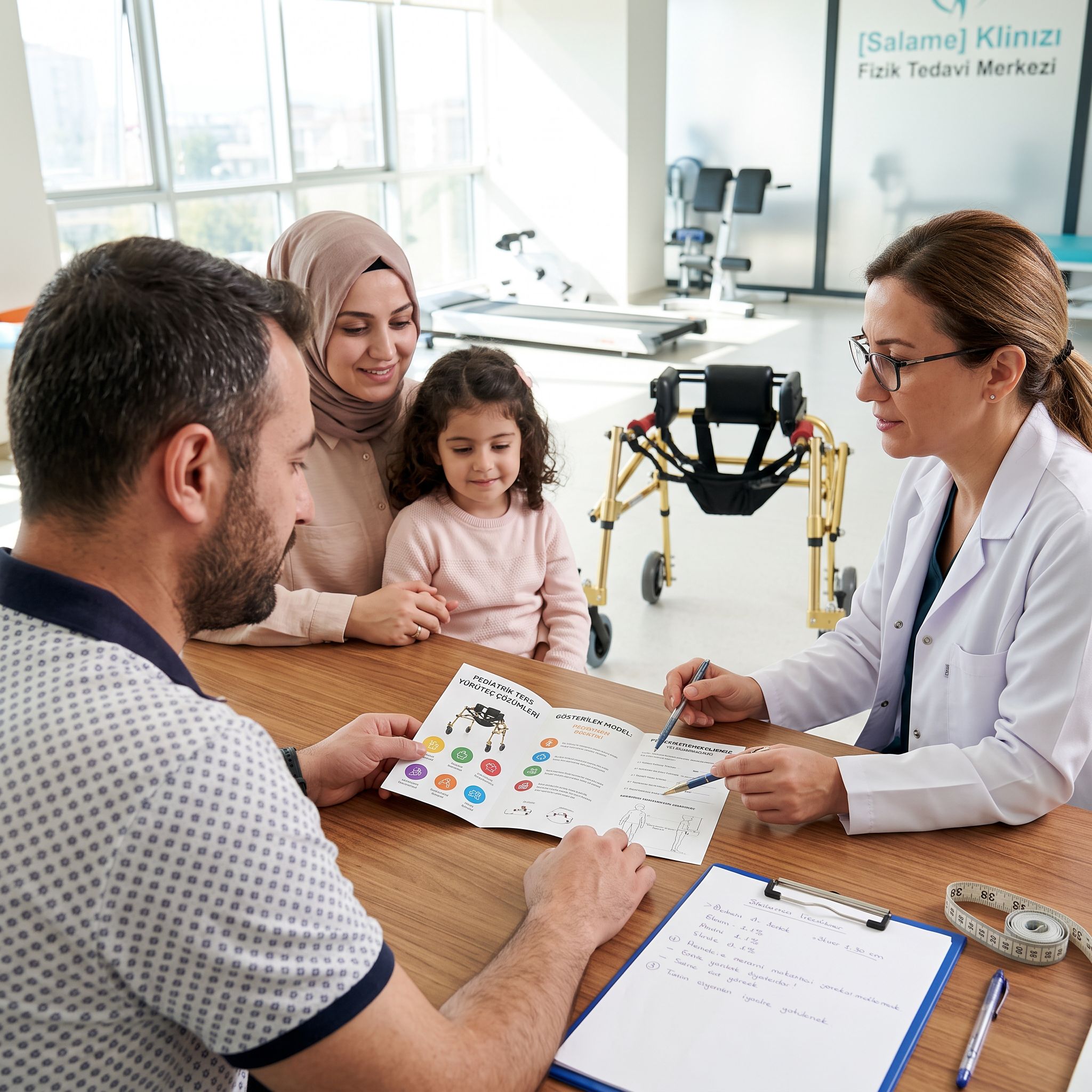 Ters walker SGK raporu ve reçete süreci için klinikte ölçü ve belge inceleyen aile