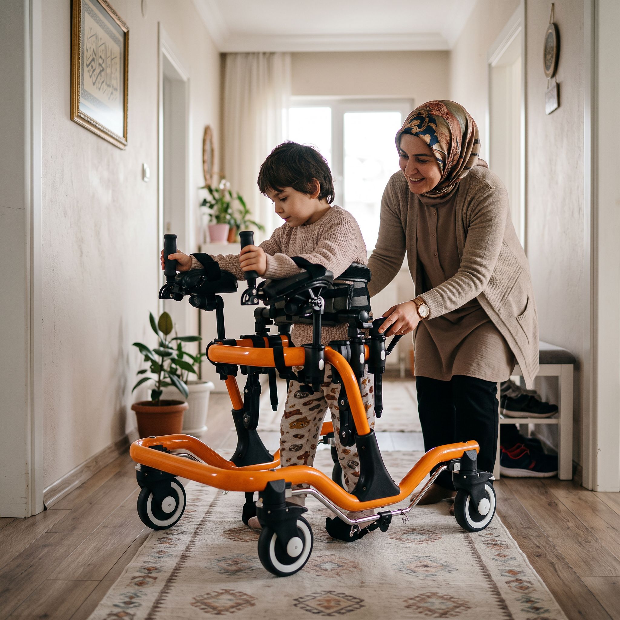 Yeni başlayan bir çocuğun ters walker ile güvenli adım çalışması