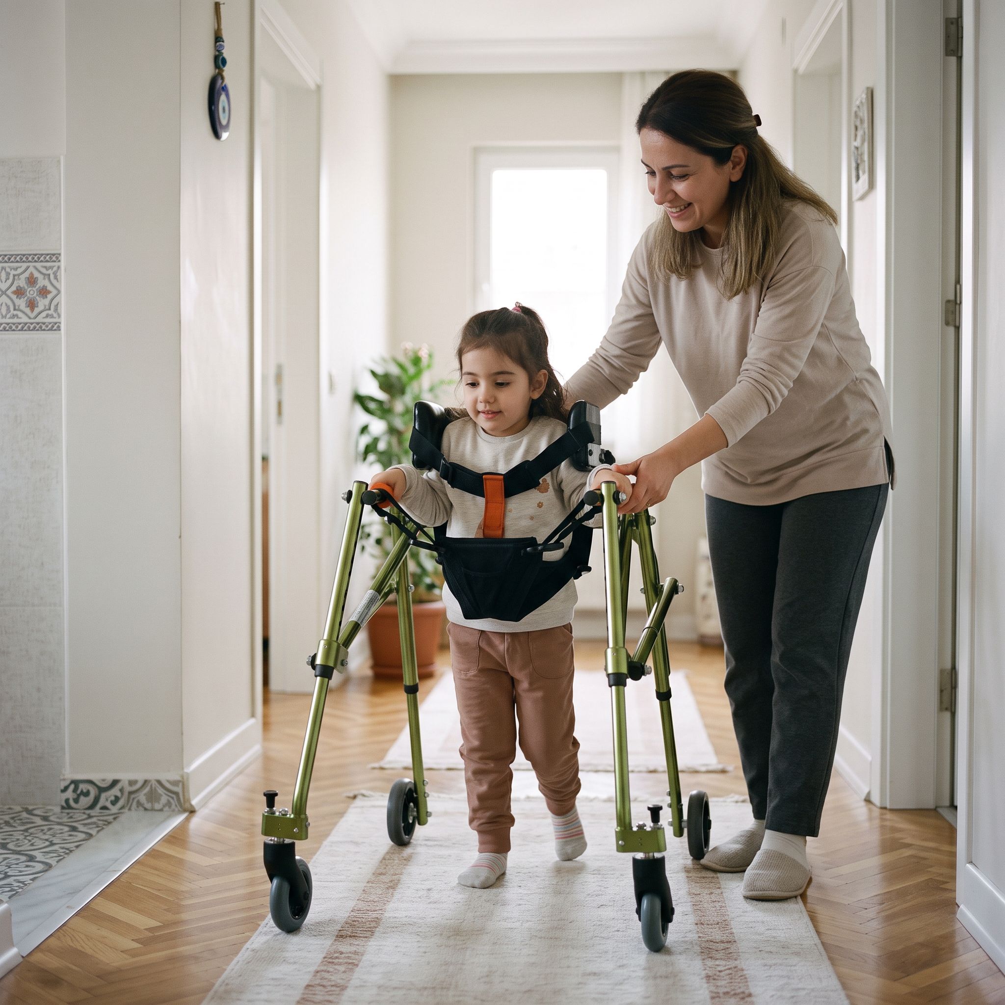 Ev içinde kullanılan medium ters walker ile güvenli hareket eden bir çocuk