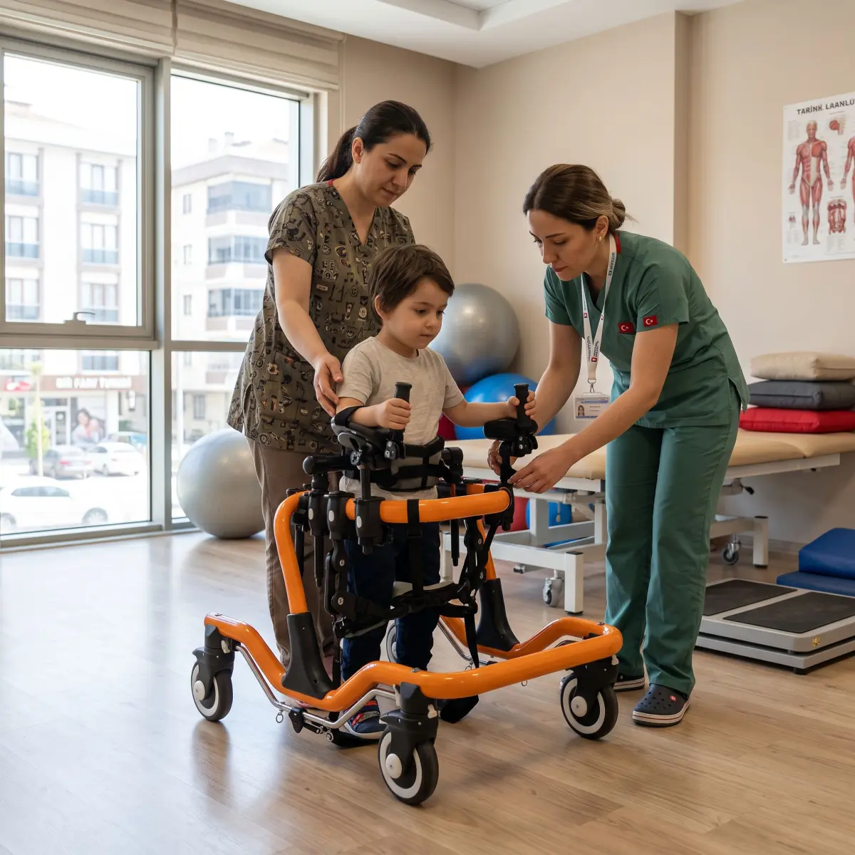 Pediatrik ters walker kullanan çocuk ve yanında fizyoterapist