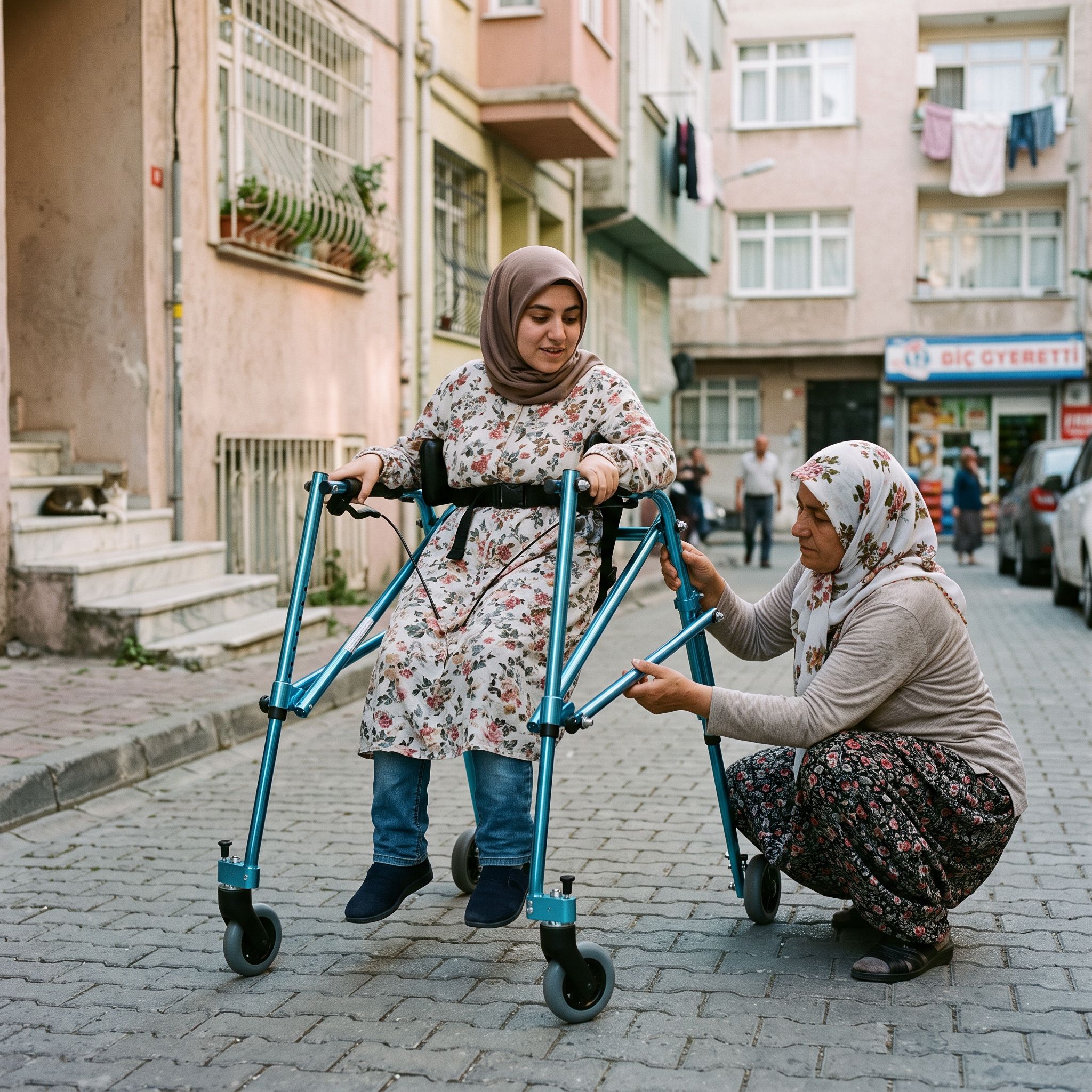 Dışarı çıkmadan önce large ters walker üzerinde güvenlik kontrolü yapan bir kişi