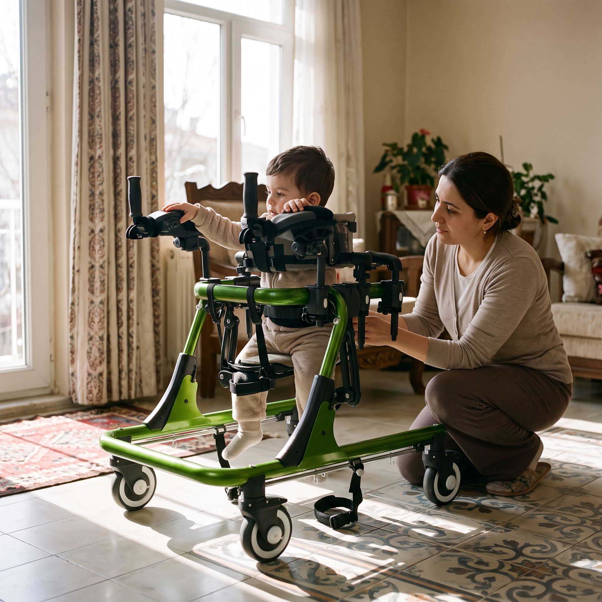 Medium ters walker kullanan çocuk ve bakım veren, iç mekânda gerçekçi sahne