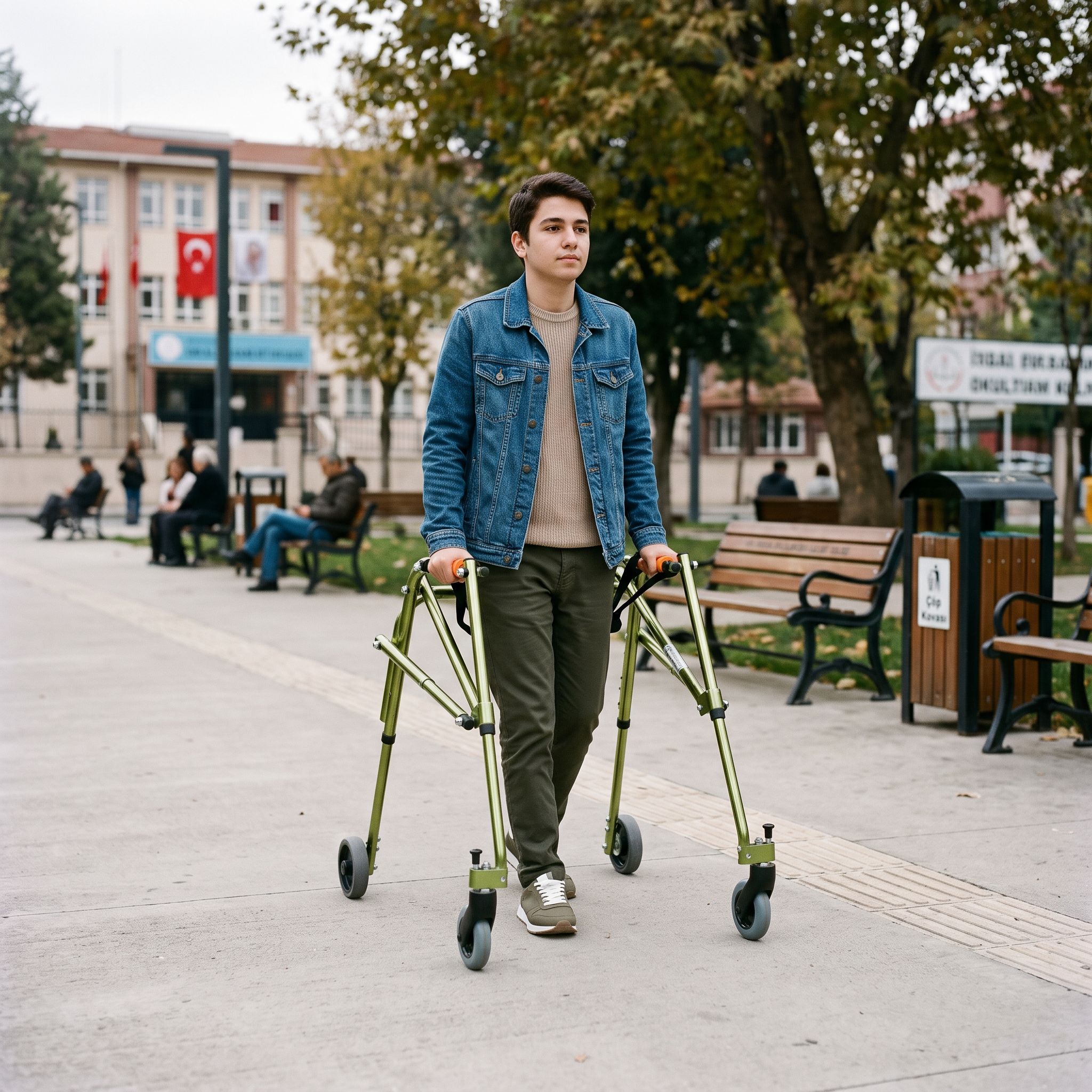 Parkta düz yürüyüş yolunda Nimbo Walker kullanan bir kişi