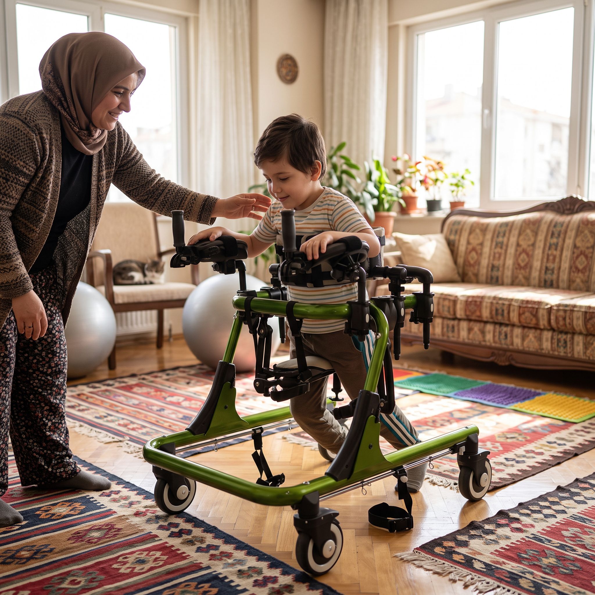 Ev içinde ters walker kullanan bir çocuk ve yanında destek veren yetişkin