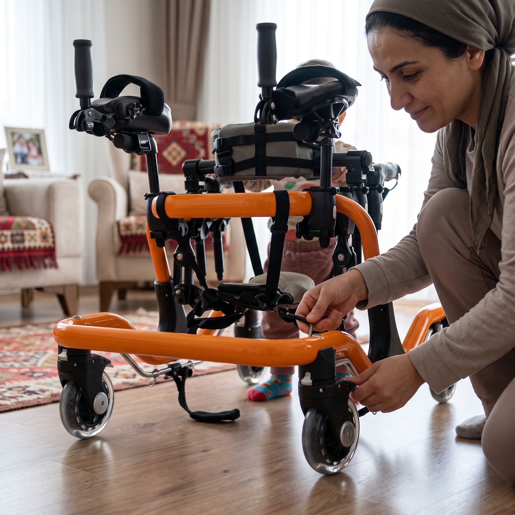 Pediatrik ters walker teker ve fren kontrolü yapılan gerçekçi bir bakım sahnesi