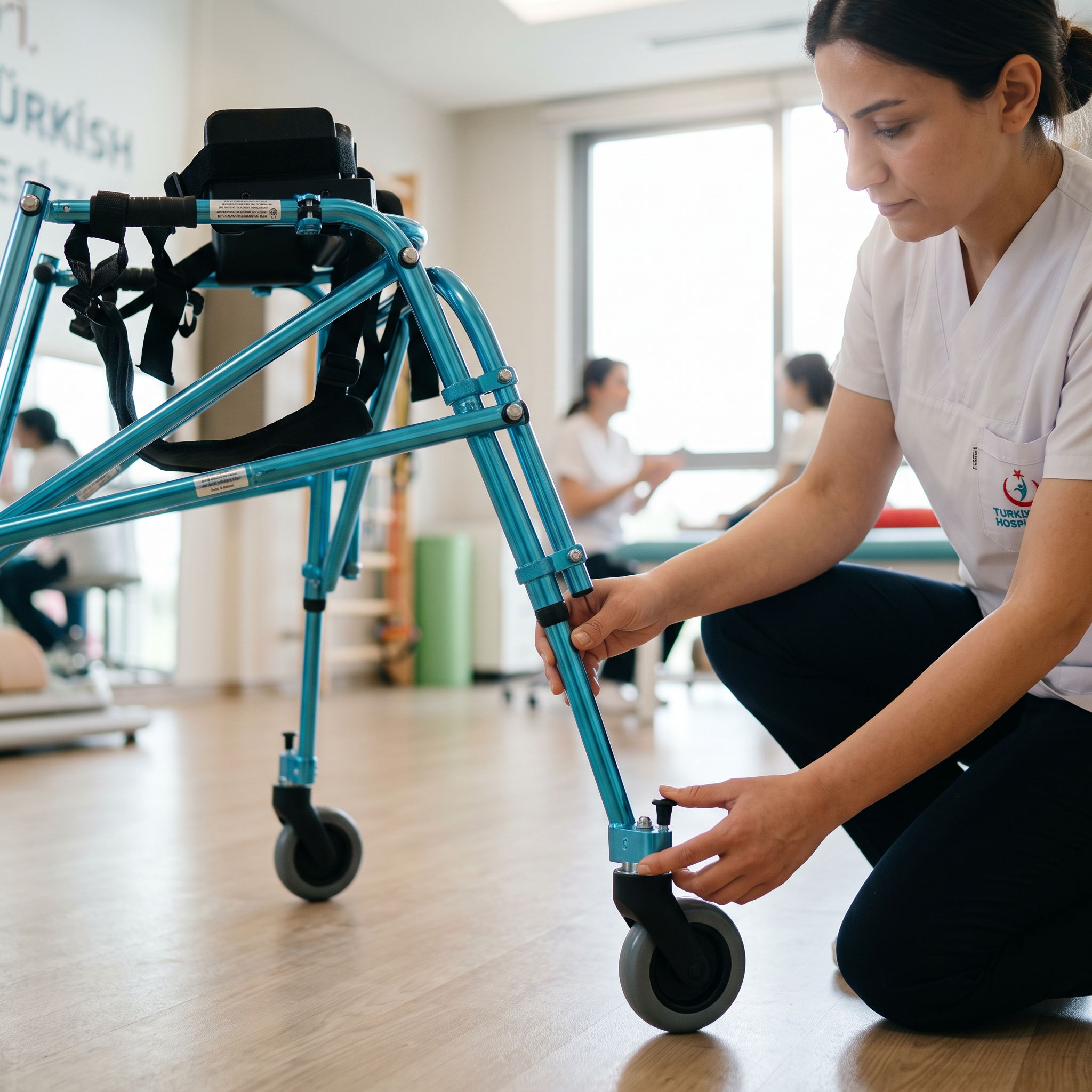 Ters walker teker, fren ve tutma kolu kontrol edilirken çekilmiş gerçekçi bir görüntü
