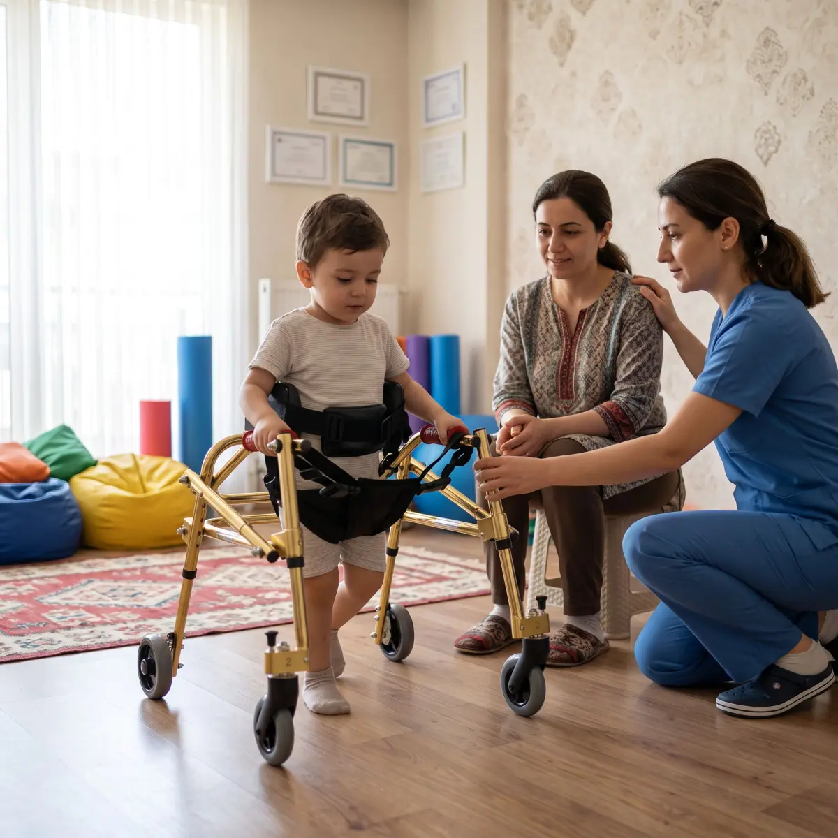 Pediatrik ters walker ile güvenli adım pratiği yapan çocuk ve yanında destek veren yetişkinler