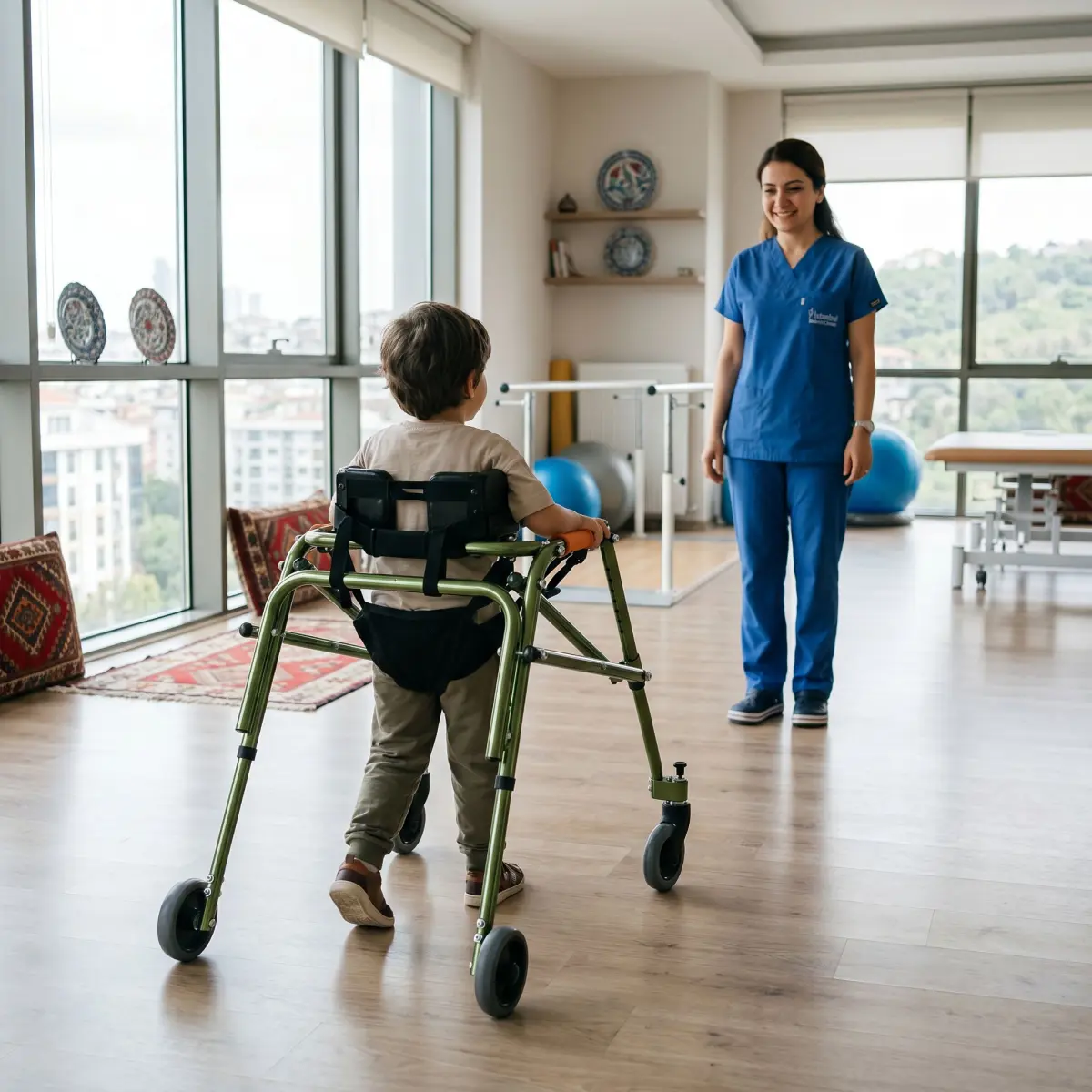 Rehabilitasyon merkezinde medium ters walker kullanan çocuk ve yanında fizyoterapist
