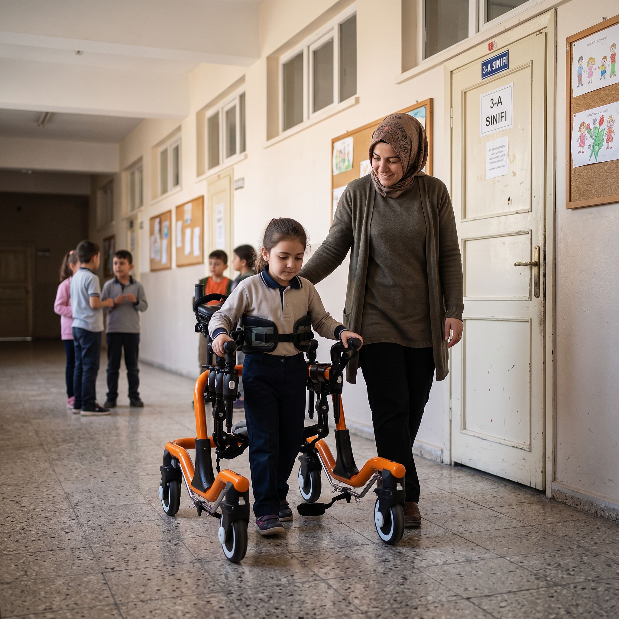 Okul koridorunda pediatrik ters walker kullanan bir öğrenci ve yanında öğretmen