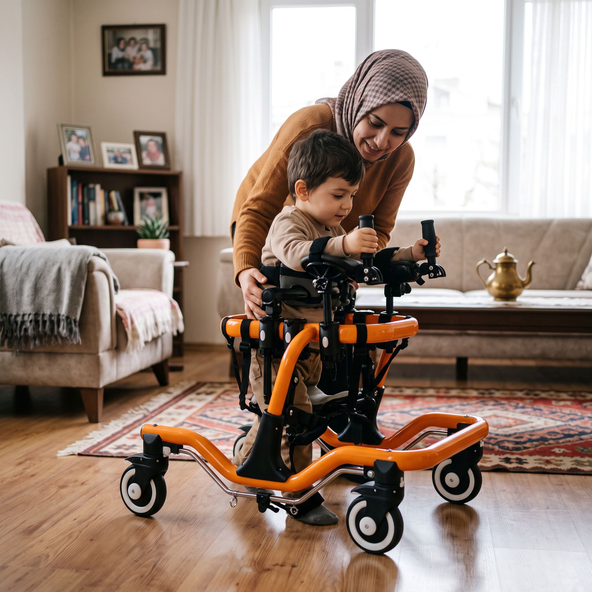 Aile, pediatrik ters walker ile ilk güvenli adımları atarken
