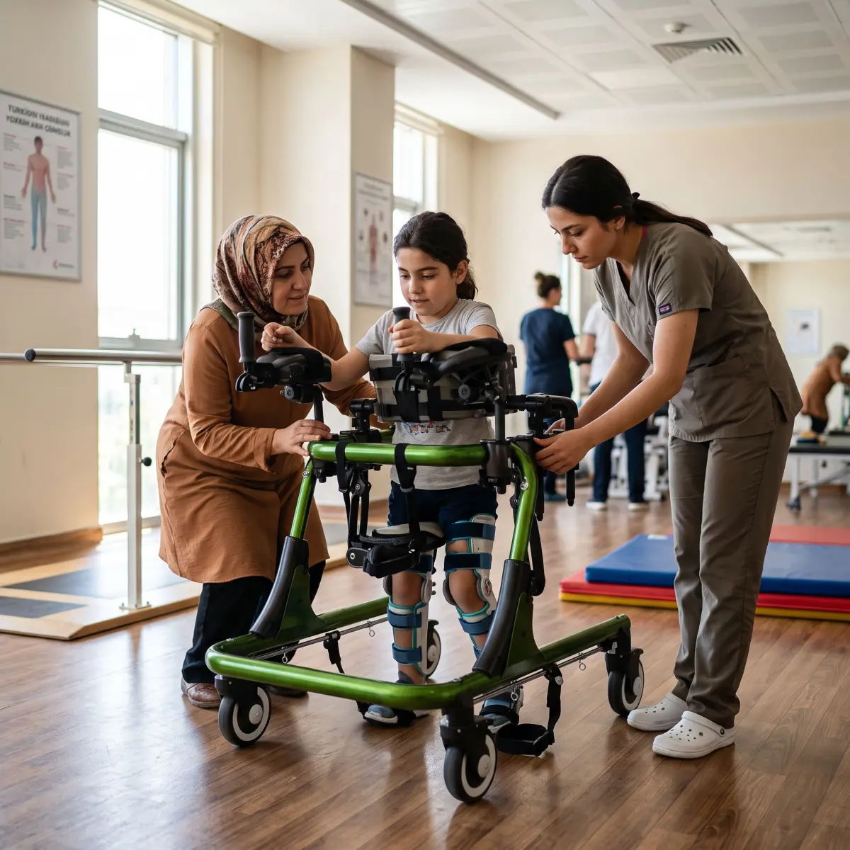 Rehabilitasyon odasında medium ters walker ölçü ve kullanım kontrolü yapan kullanıcı