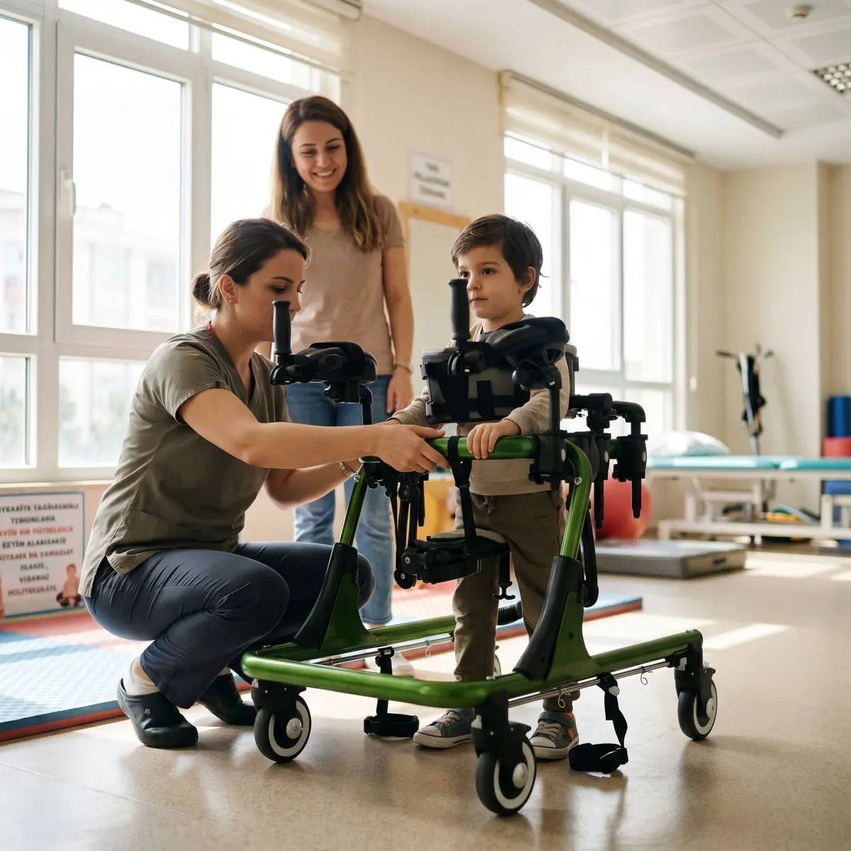 Pediatrik ters walker tutma yüksekliği ayarı yapılan rehabilitasyon sahnesi