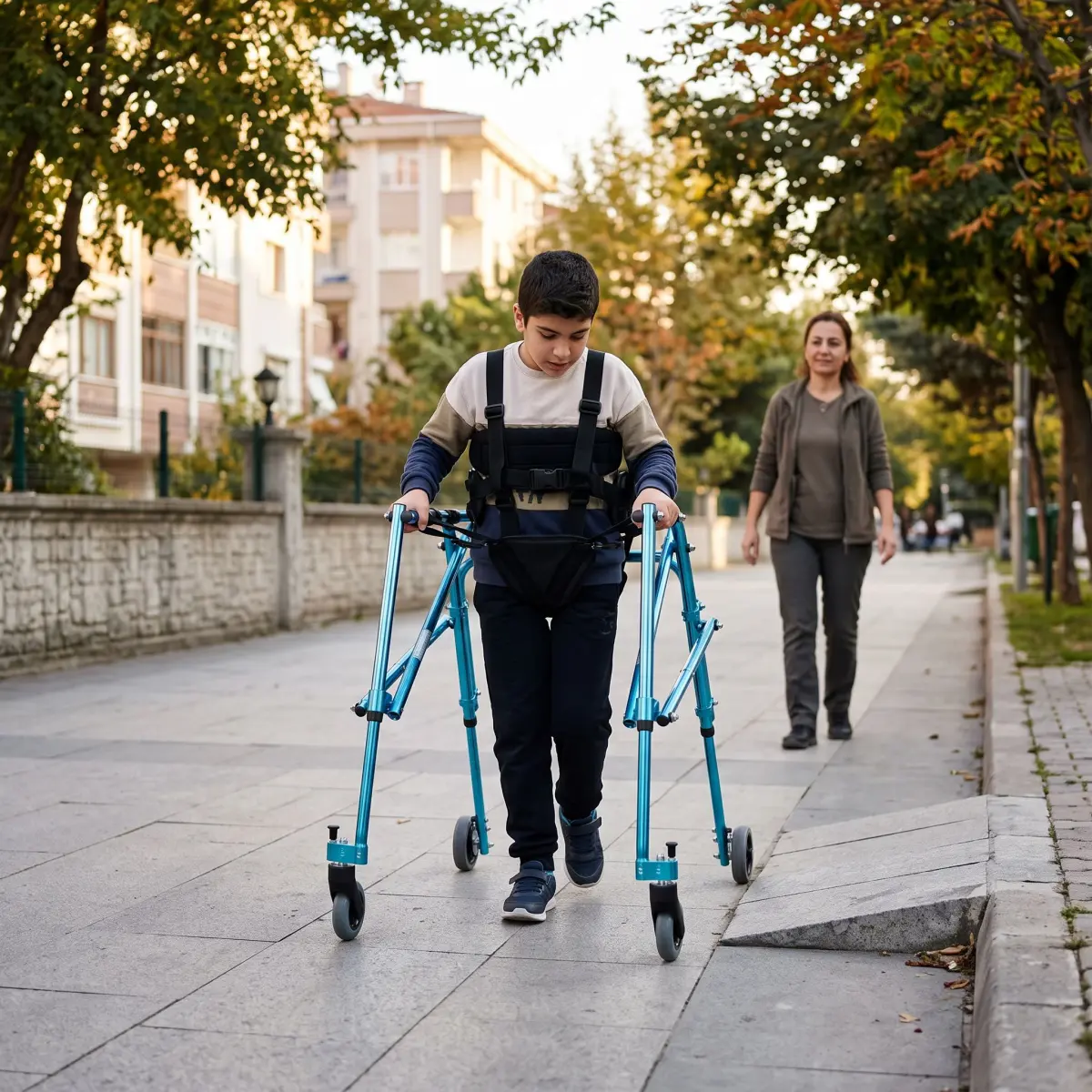 Dış mekânda rampa yakınında ters walker kullanan birey ve güvenli kaldırım geçişi