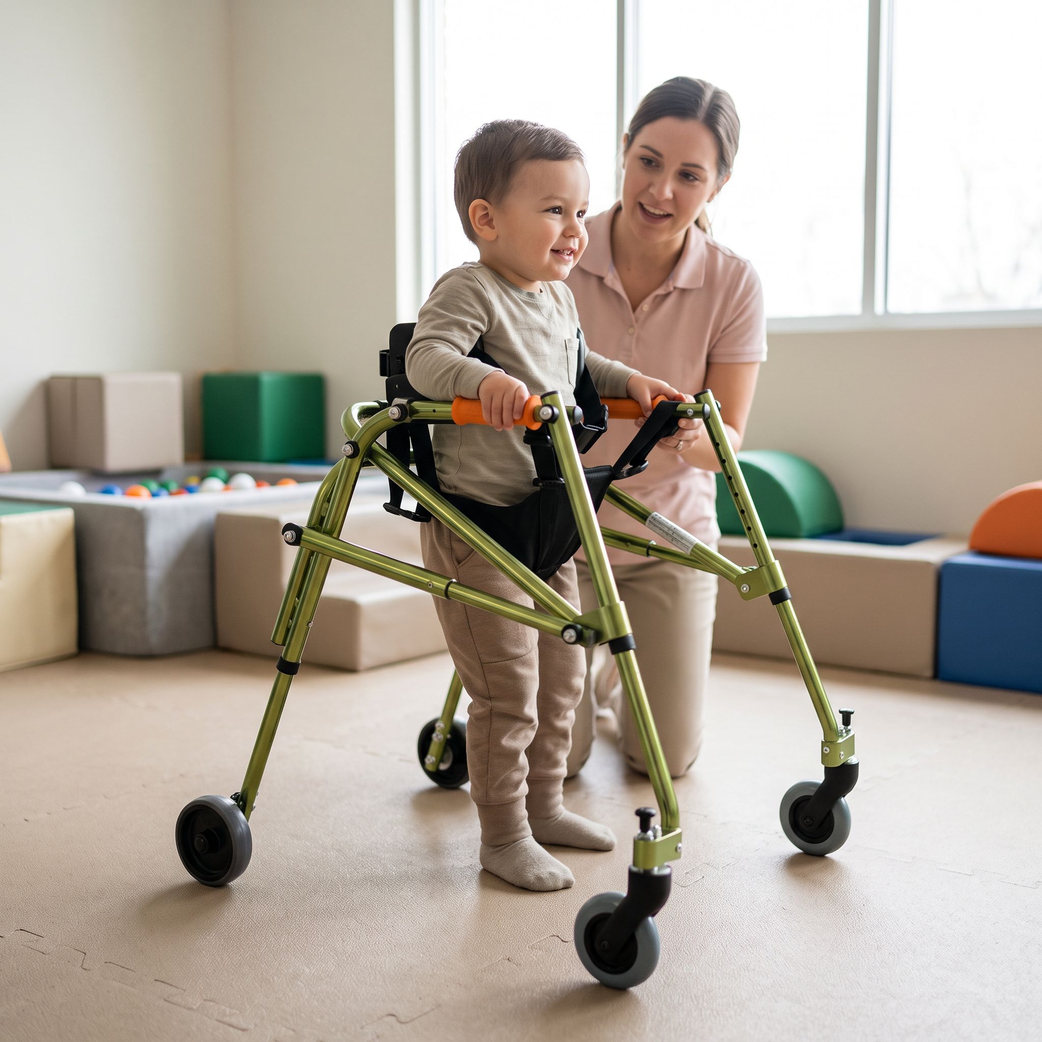 Pediatrik ters walker kullanan bir çocuk ve yakınında destek veren yetişkin
