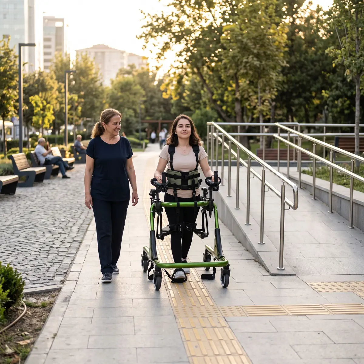 Düz park yolunda Moxie Walker ile güvenli dış mekan yürüyüşü yapan kullanıcı