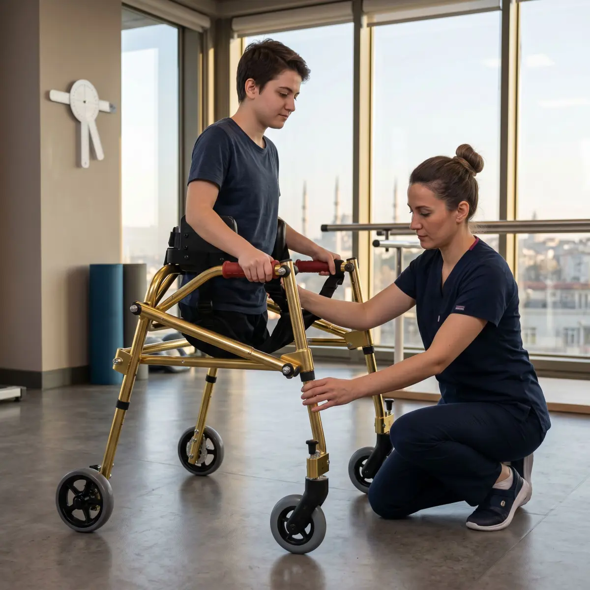 Rehabilitasyon merkezinde Moxie Walker ayarı ve servis kontrolü yapılan gerçekçi sahne