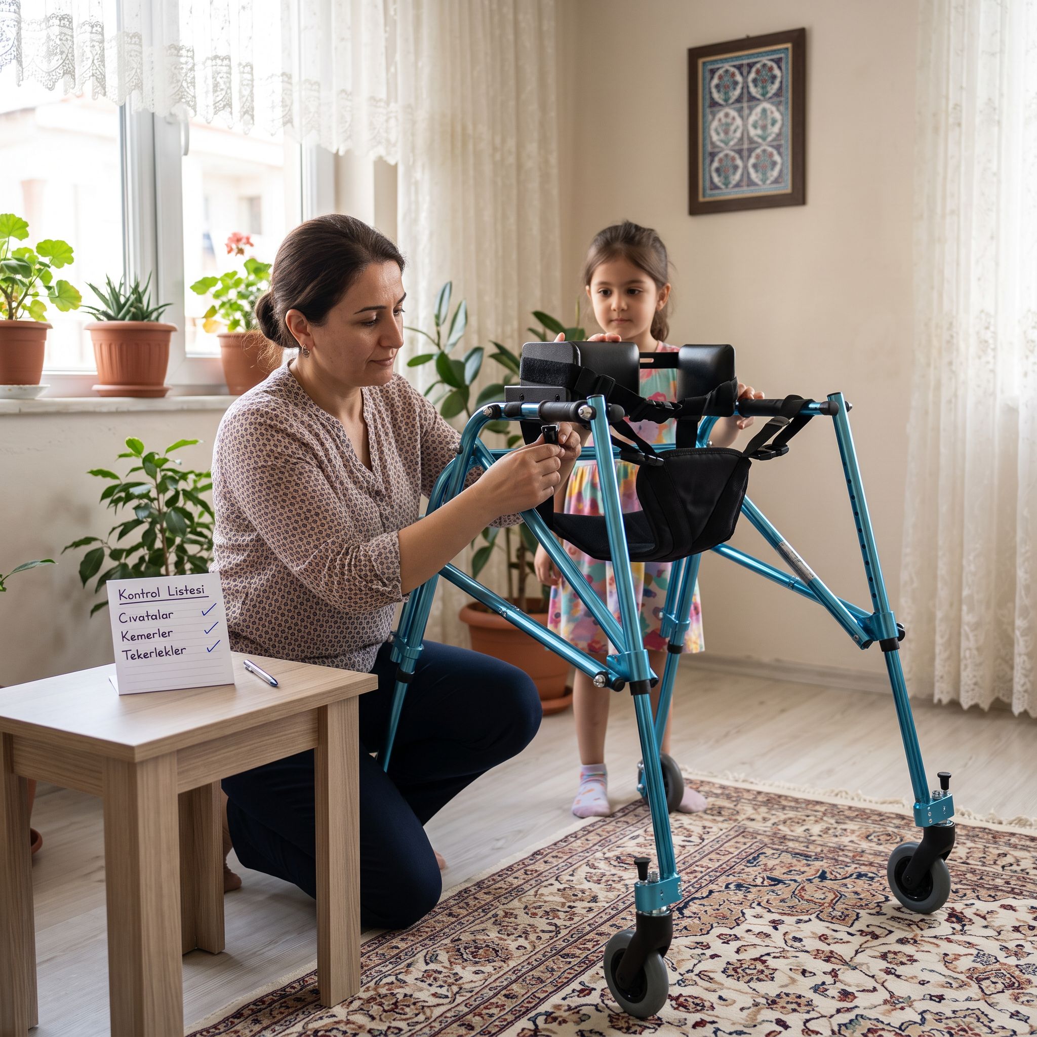 Ev ortamında ters walker bakım kontrolü yapılırken çekilmiş gerçekçi sahne