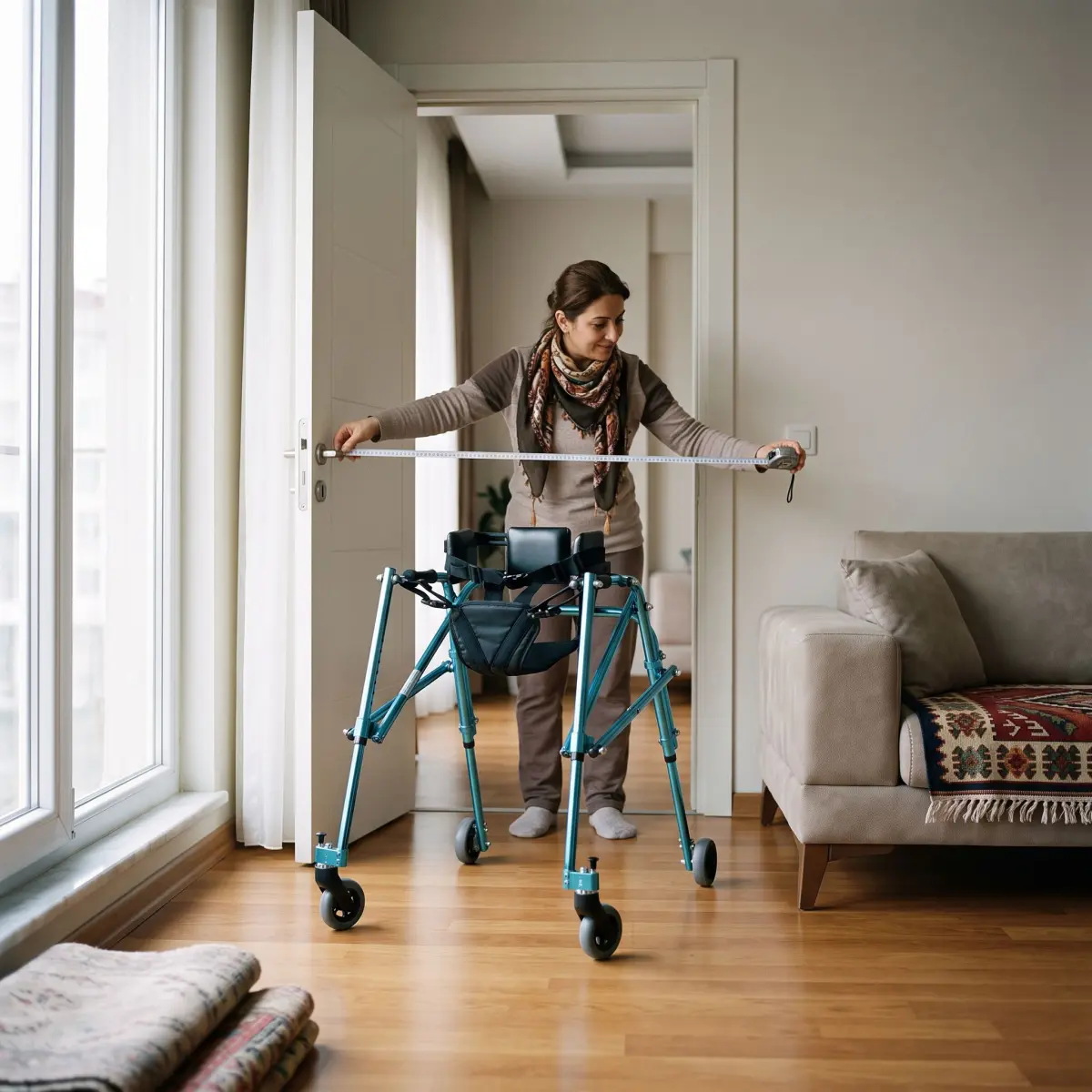 Ev içinde large ters walker için kapı ve yürüyüş alanı ölçümü yapılan güvenli kullanım planı