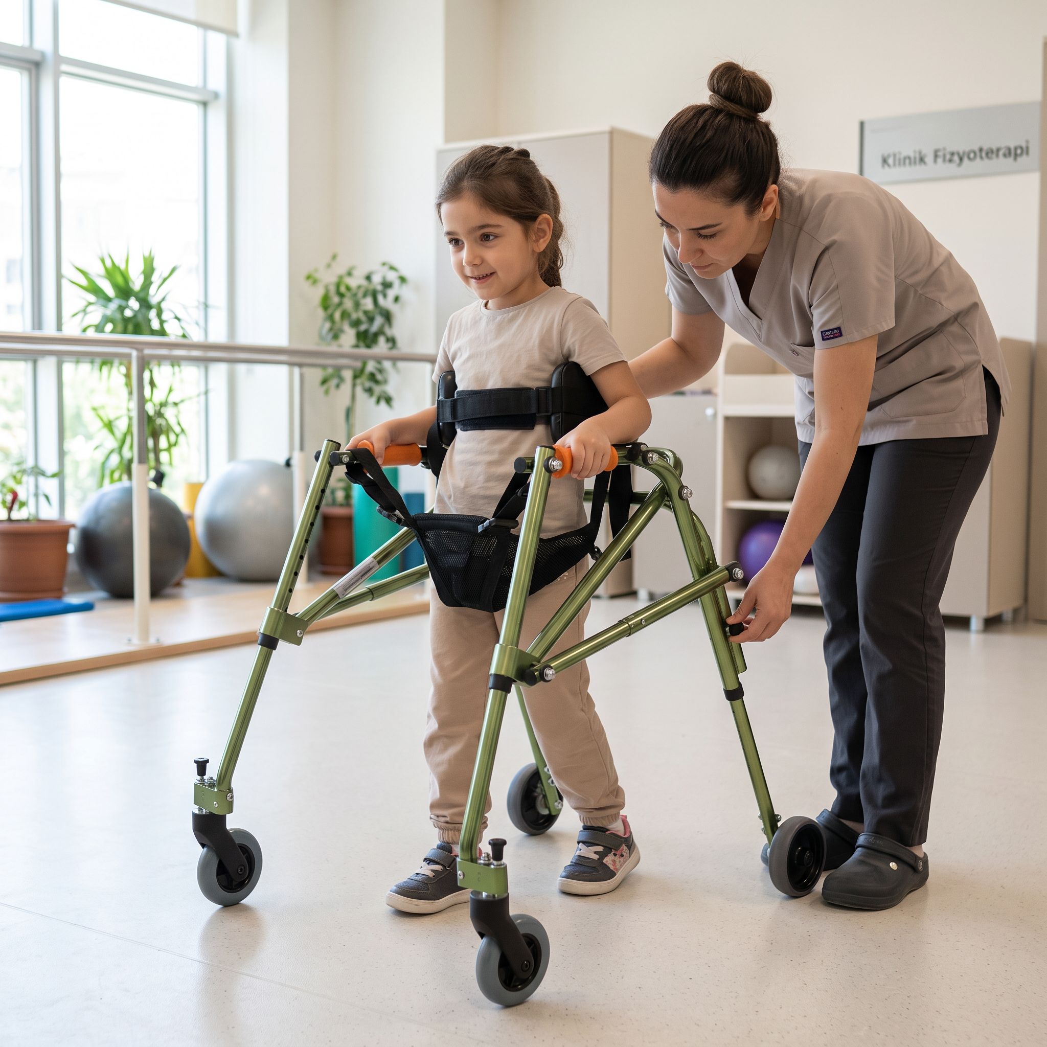 Bir çocuğun ters walker kullanırken doğru pozisyonda tutulduğu gerçekçi sahne
