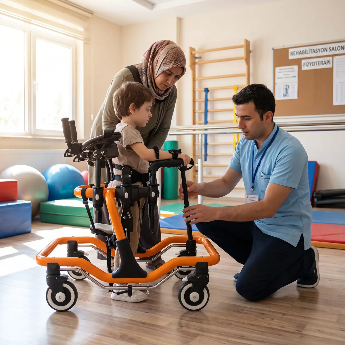 Pediatrik ters walker boy ayarı kontrol edilen çocuk ve uzman