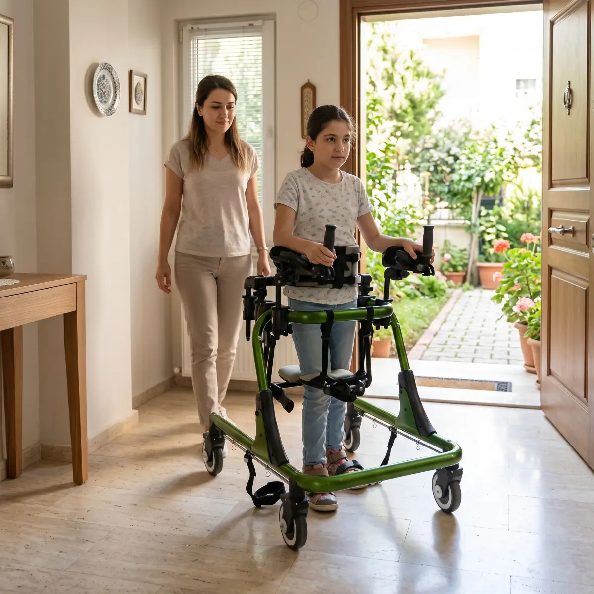Ev içinde ters walker kullanan genç bireye güvenli şekilde eşlik eden bakım veren