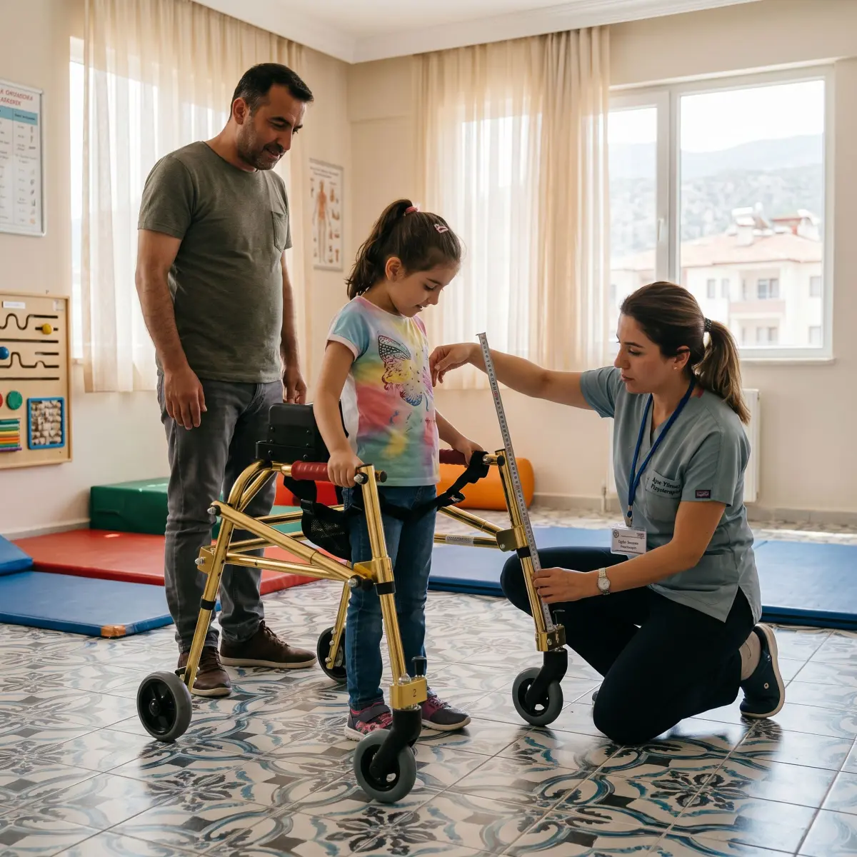 Pediatrik ters walker ölçüsü alınırken tutma kolu yüksekliği kontrol edilen çocuk
