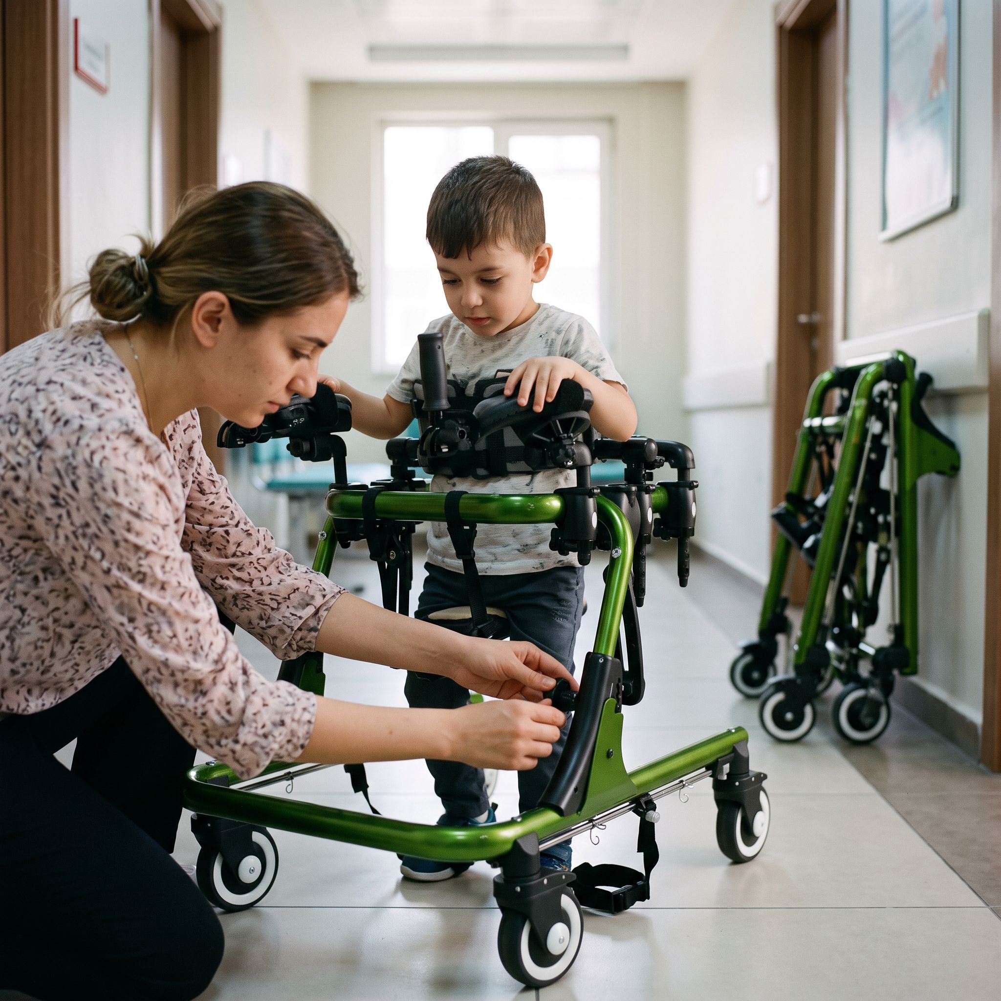 Medium ters walker fren ayarı kontrol edilen pediatrik ters walker sahnesi
