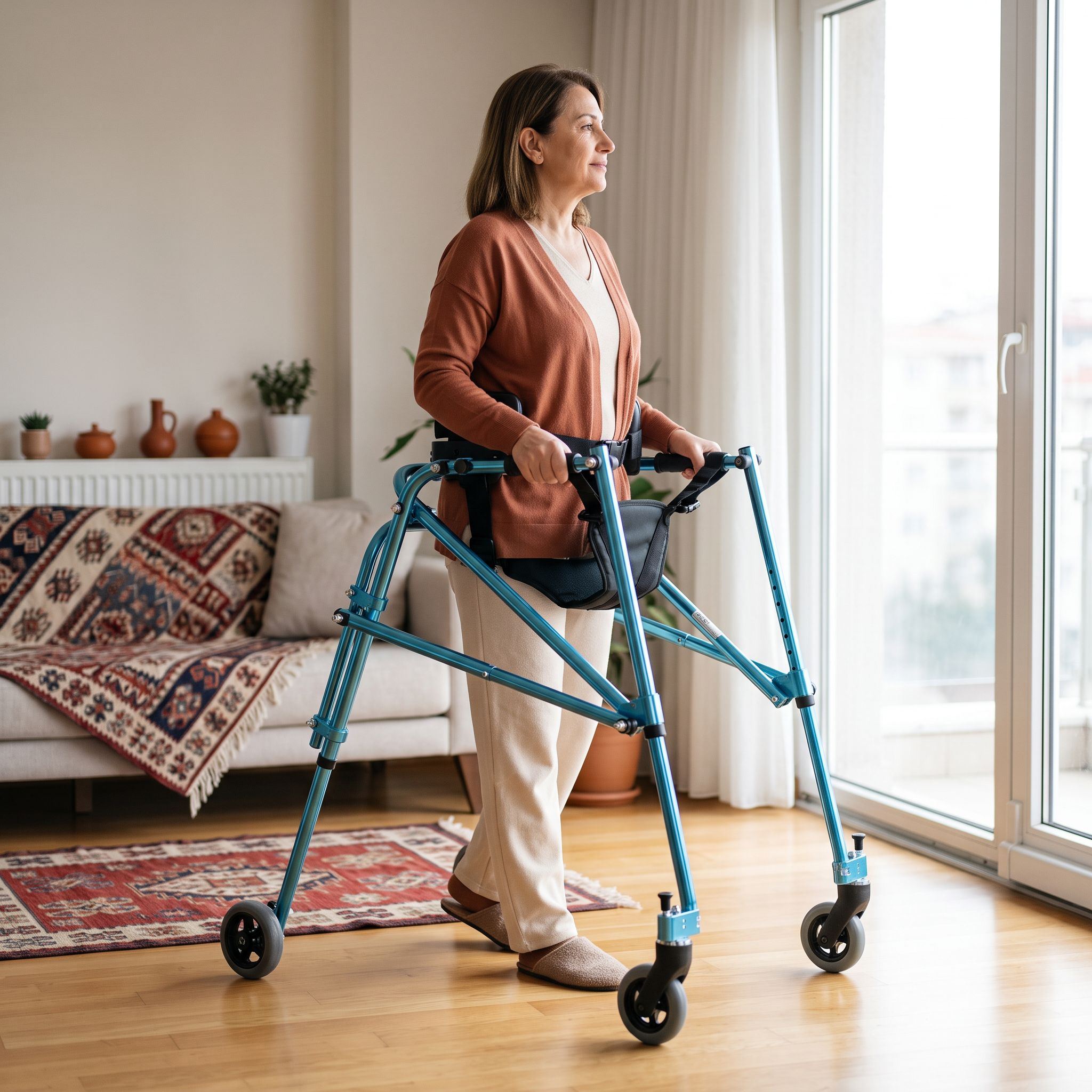 Moxie Walker ile dik duruş desteği sağlayan bir kişinin doğal ve dengeli yürüyüşü