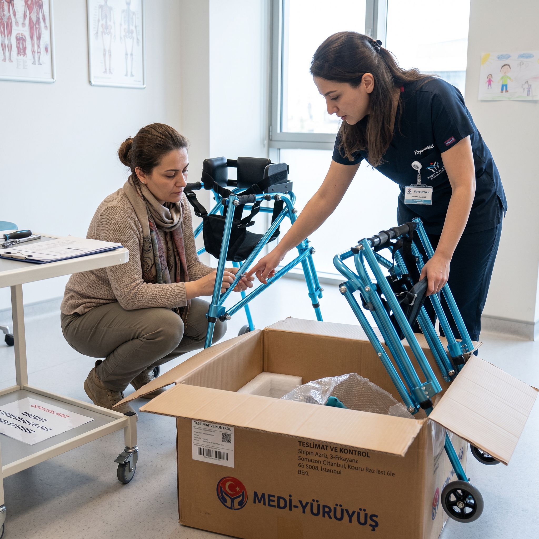 Large ters walker teslimatında kurulum ve ürün kontrolü yapan iki kişi