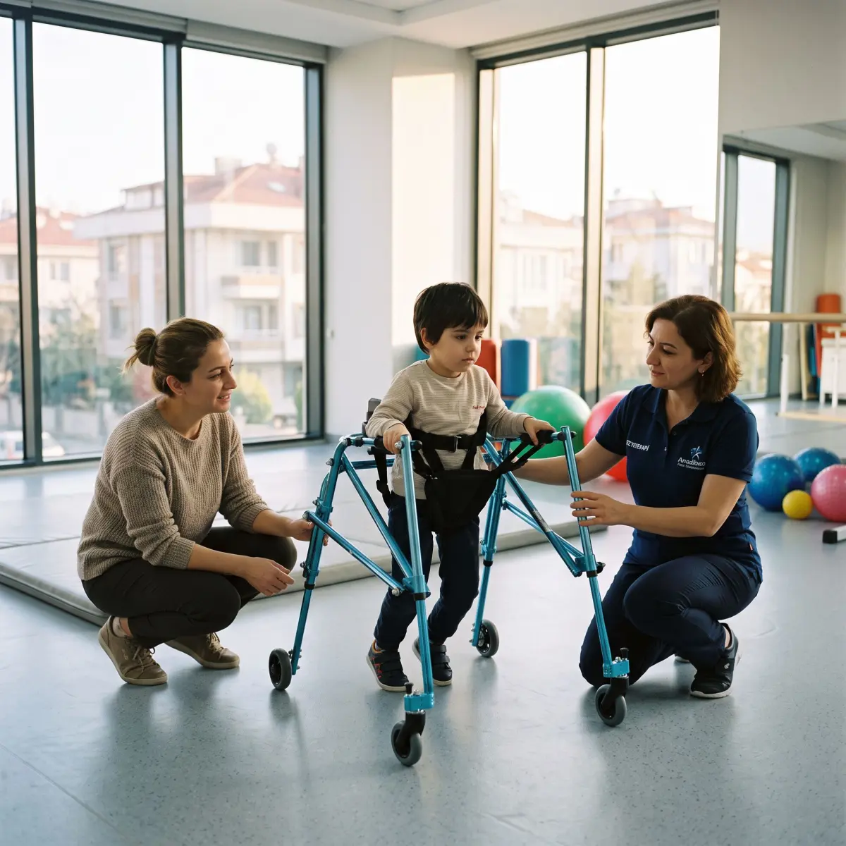 Rehabilitasyon merkezinde pediatrik ters walker kullanan çocuk ve yanında fizyoterapist