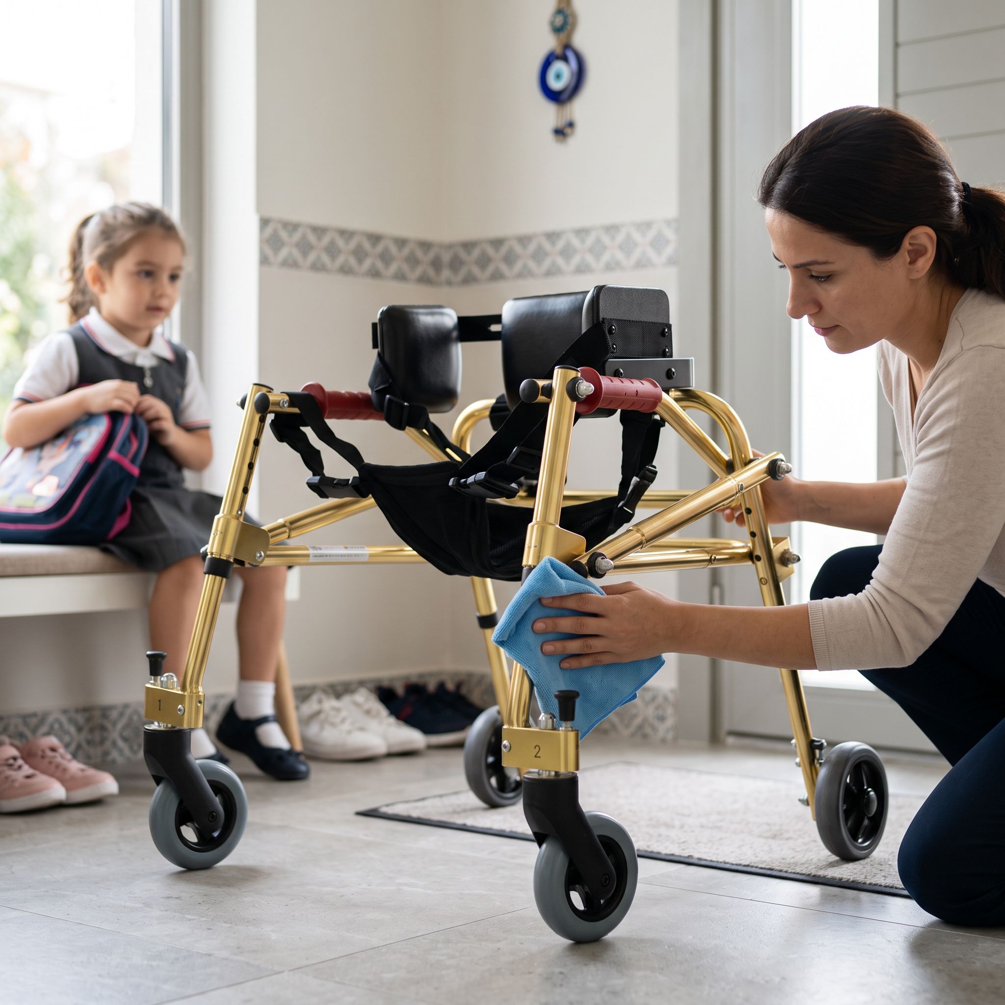 Okul sonrası pediatrik ters walker temizliği yapılan gerçekçi ev içi sahne