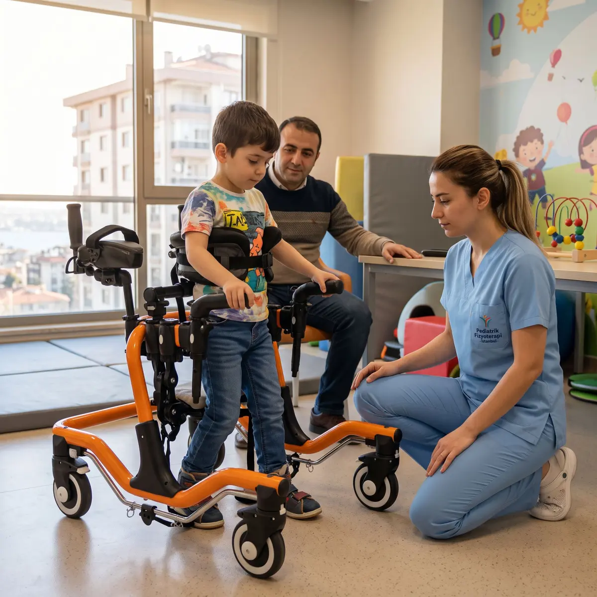 Fizyoterapi odasında pediatrik ters walker ölçüsü alınan çocuk