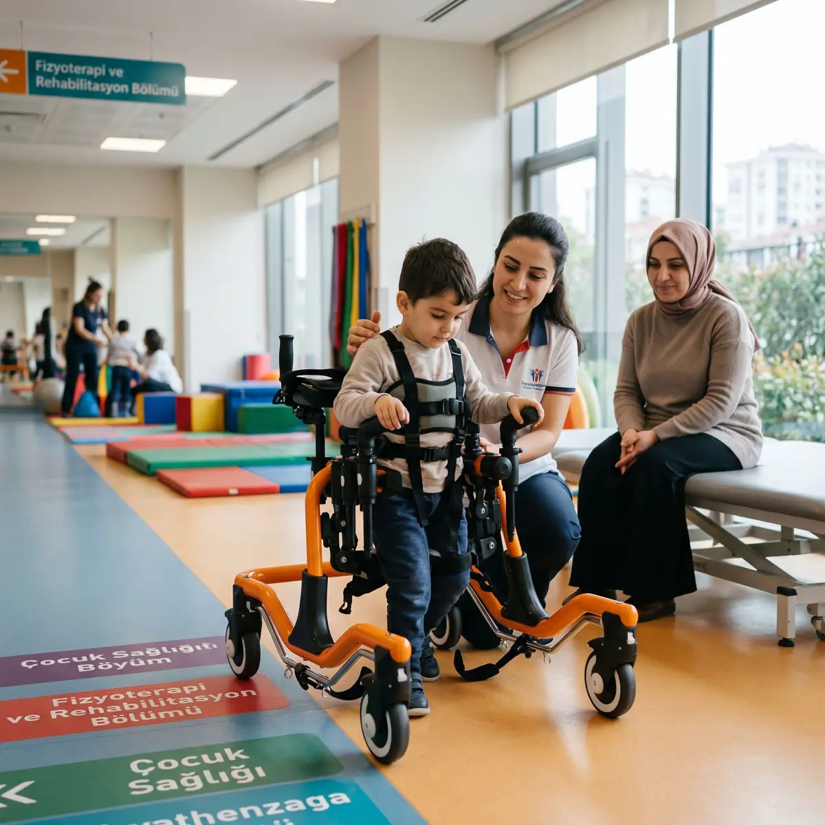 Pediatrik ters walker kullanan çocuk ve yanında fizyoterapist