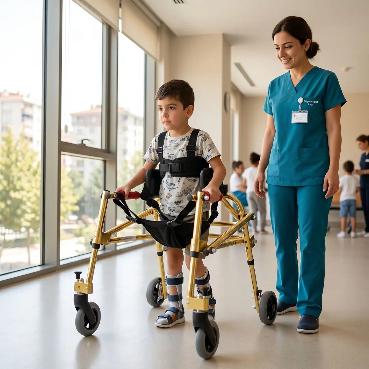 Rehabilitasyon merkezinde posterior walker kullanan çocuk ve yanında fizyoterapist