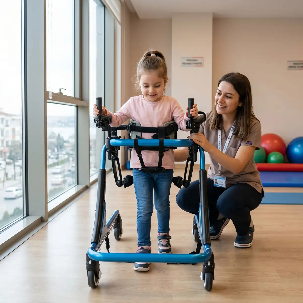 Rehabilitasyon odasında Nimbo Walker ile yürüme çalışması yapan çocuk