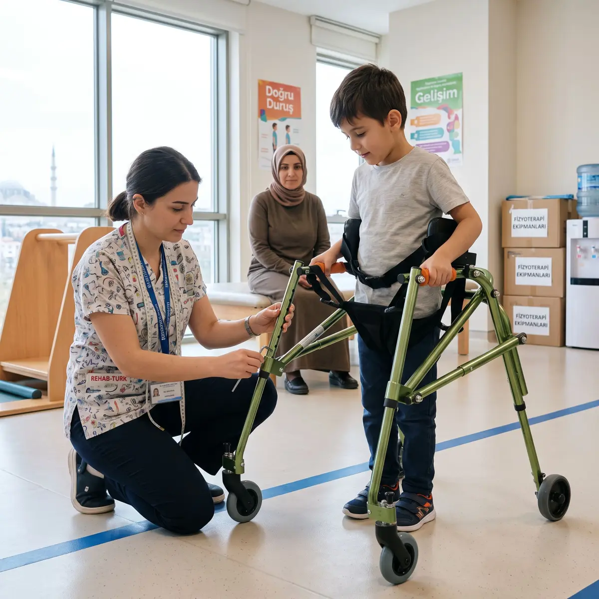 Pediatrik ters walker ölçüsü kontrol edilirken fizyoterapist desteği alan çocuk
