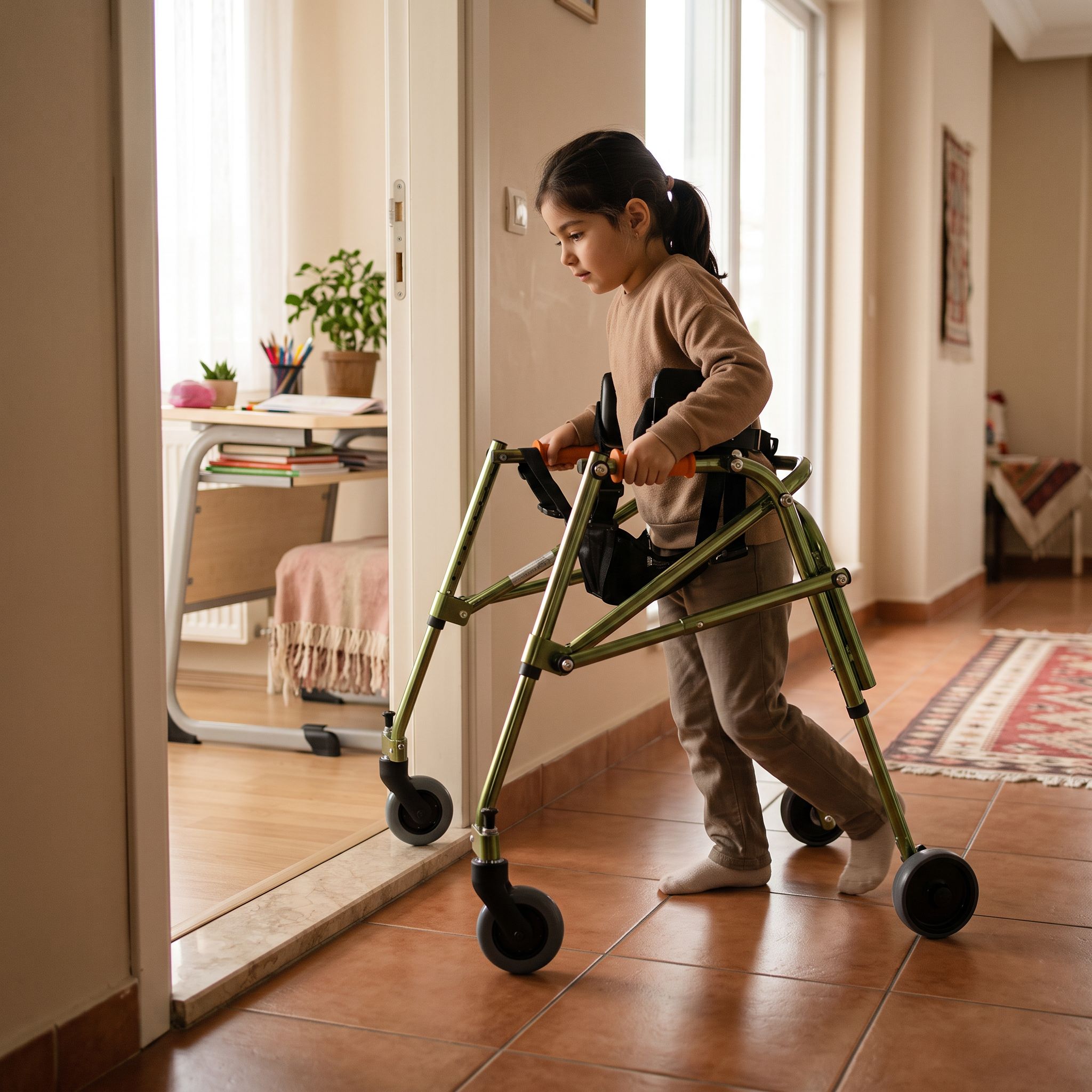 Ev içi ve okul zemini farklarında medium ters walker tekerlek seçimini anlatan görsel
