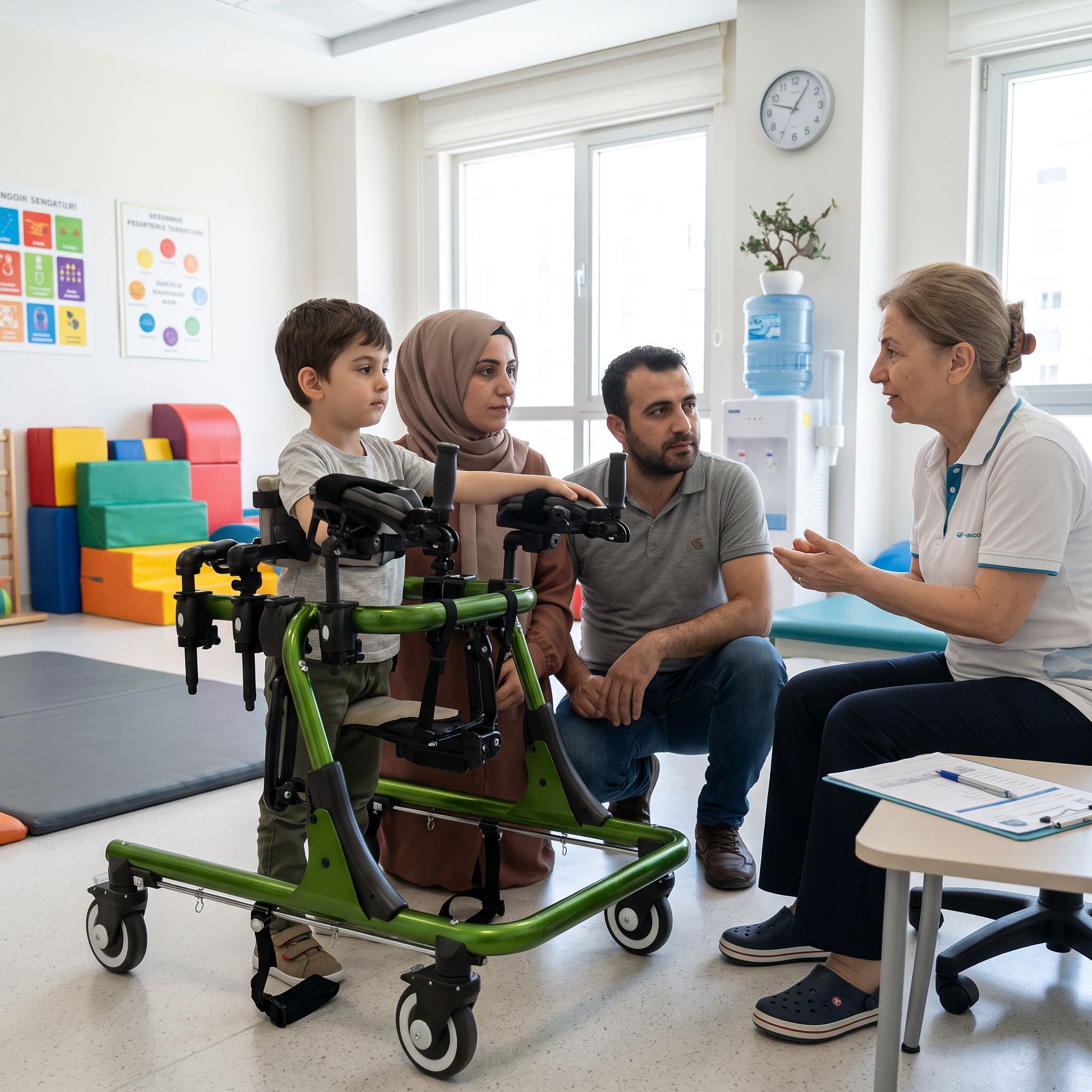 Orta boy ters walker modelini inceleyen aile ve sağlık danışmanı