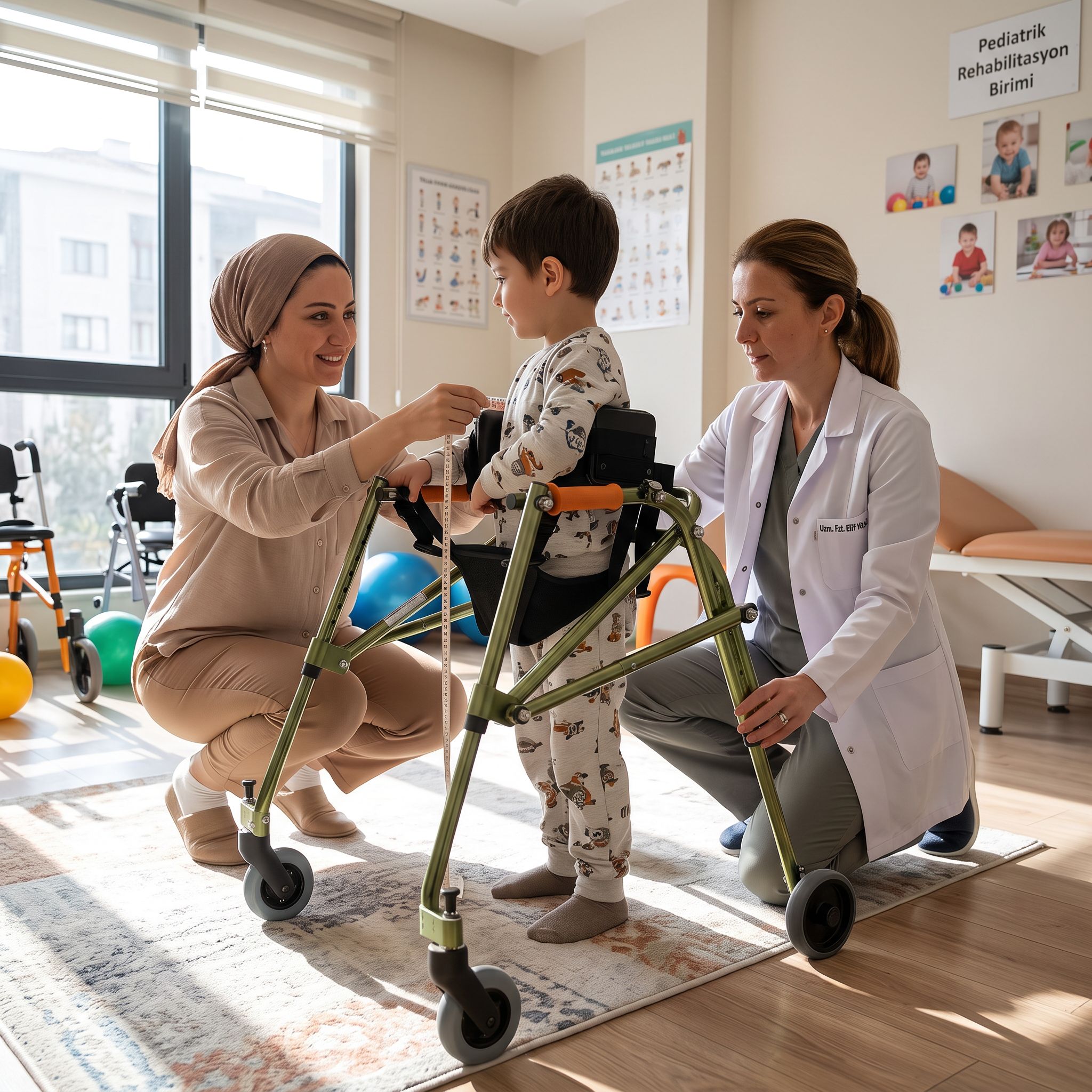 Ters walker seçerken boy ve kilo ölçüsünün değerlendirilmesini gösteren gerçekçi sahne