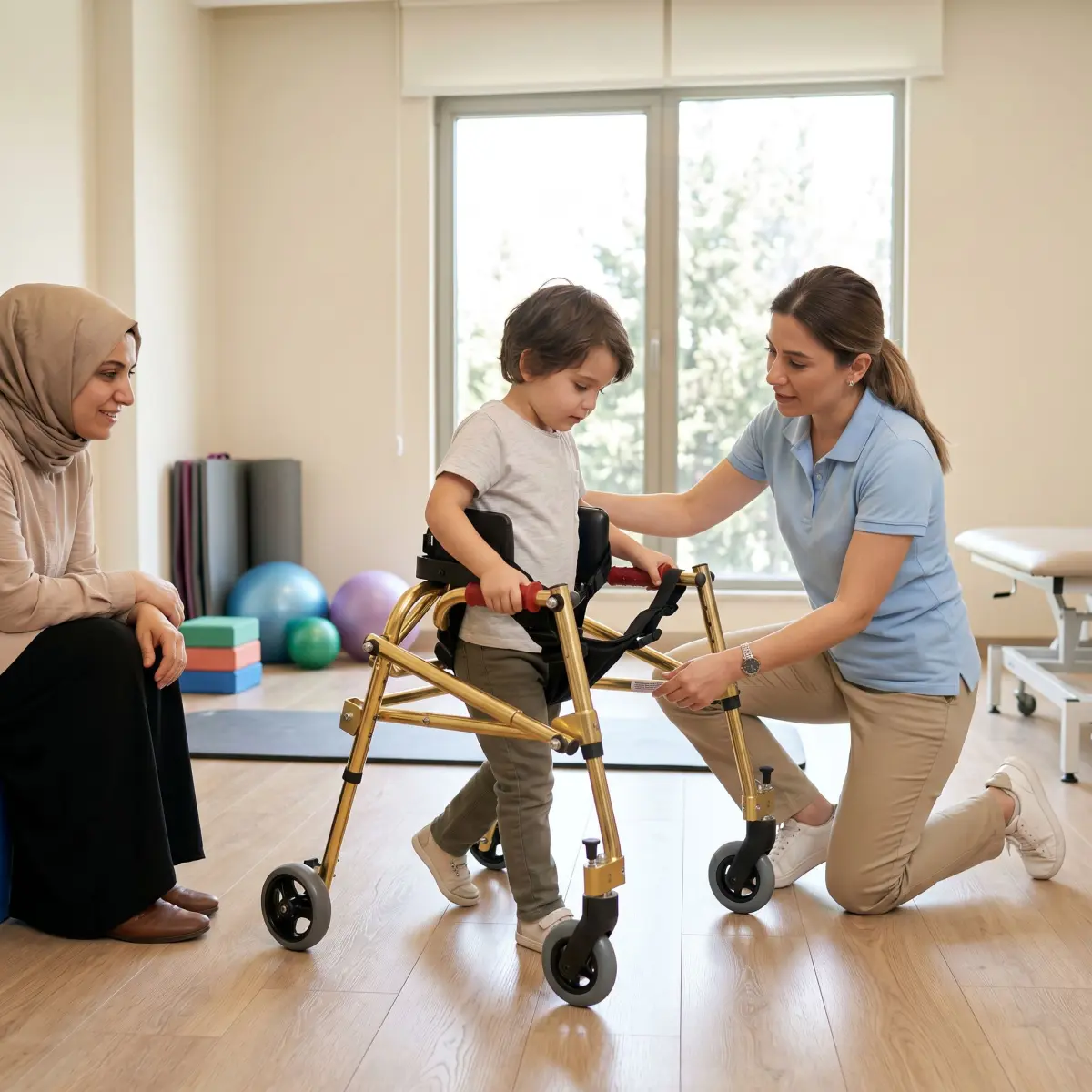 Fizyoterapist eşliğinde pediatrik ters walker ölçüsü kontrol edilen çocuk