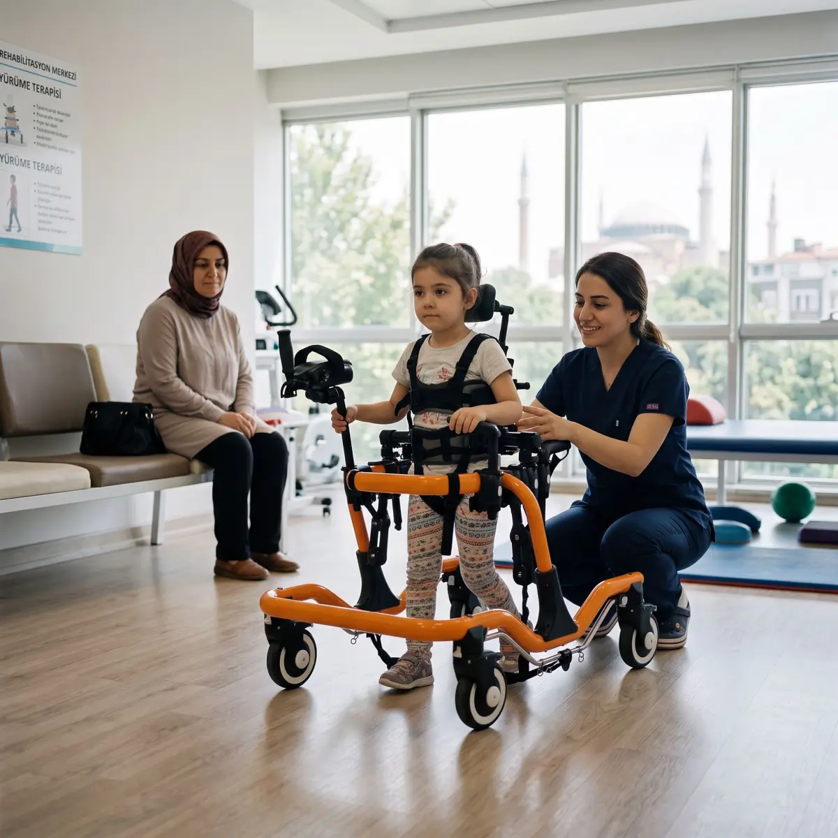 Pediatrik ters walker kullanan bir çocuk ve fizyoterapist eşliğinde rapor değerlendirmesi