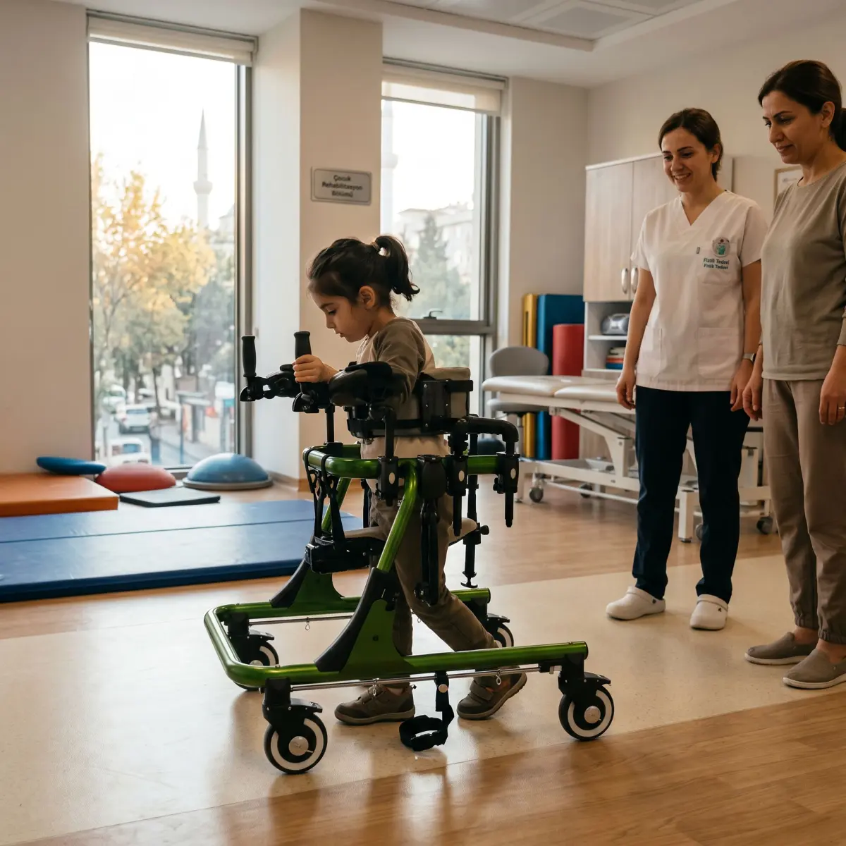Fizyoterapist eşliğinde pediatrik ters walker deneyen çocuk ve ailesi