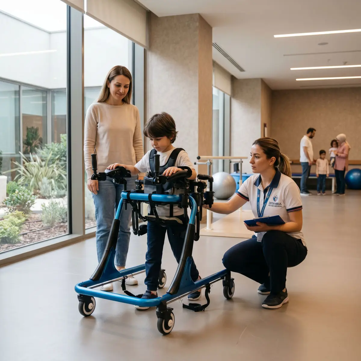 Fizyoterapist eşliğinde pediatrik ters walker denemesi yapan çocuk
