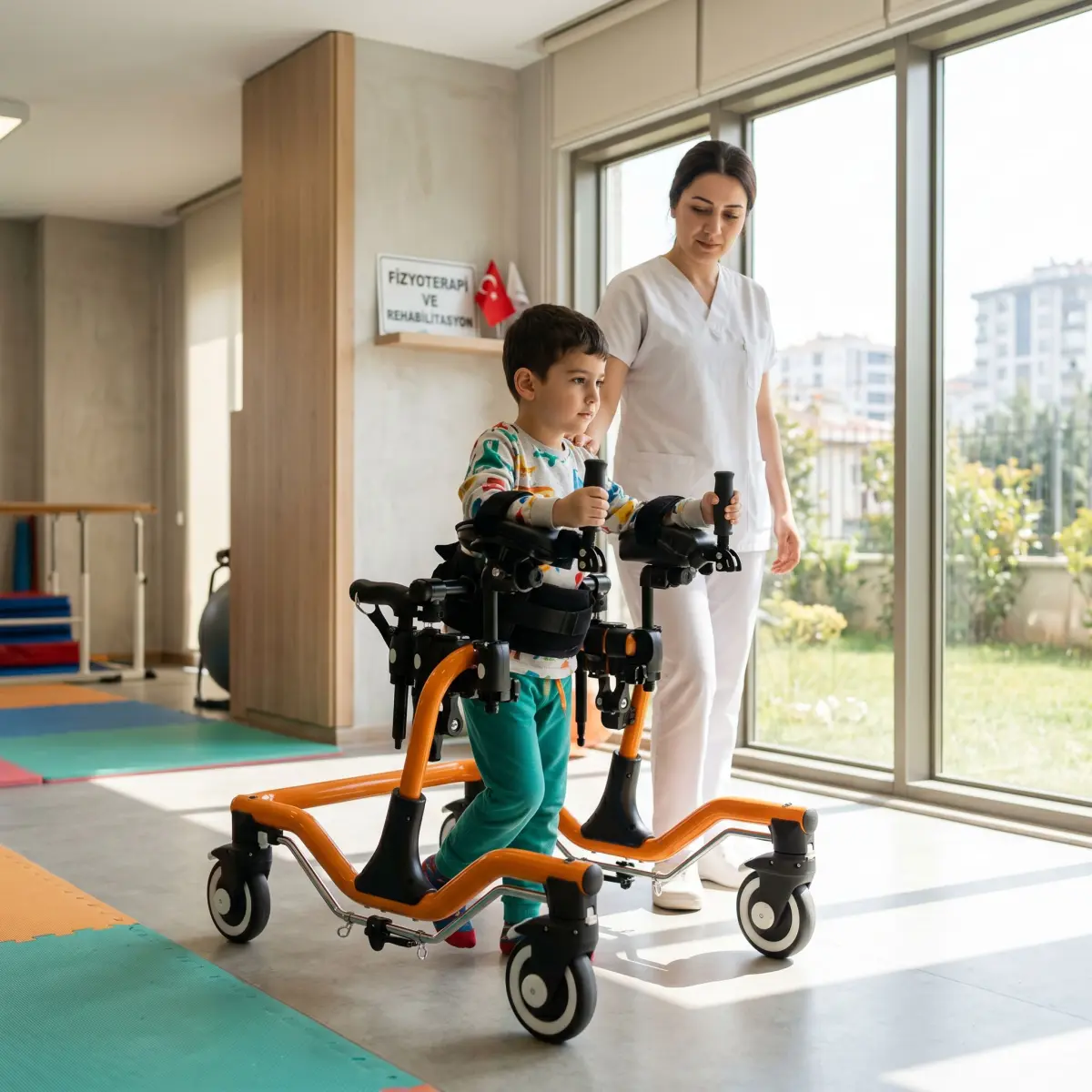 Rehabilitasyon merkezinde ters walker ile yürüyüş pratiği yapan çocuk