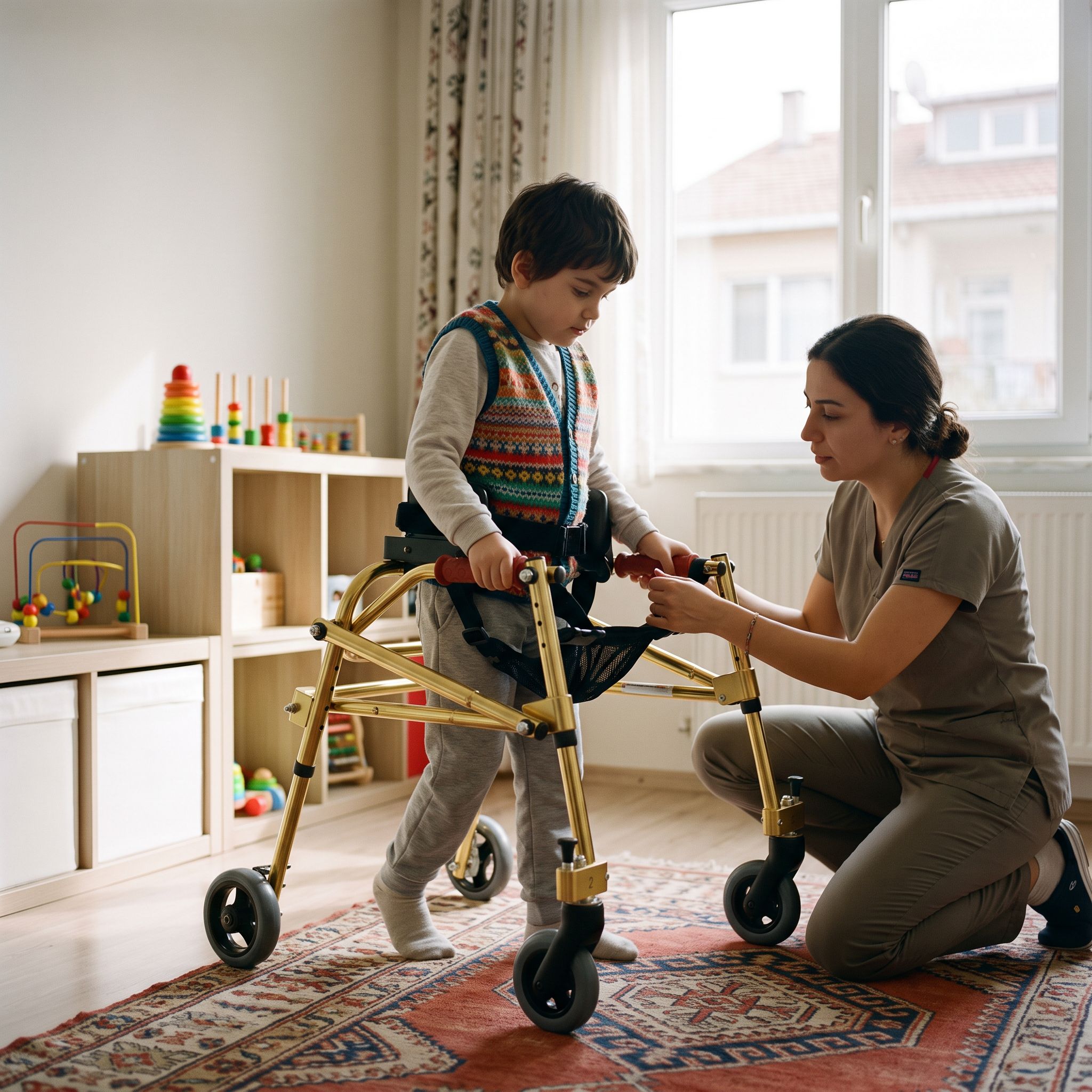 Bir çocuk, uzman desteğiyle pediatrik ters walker kullanarak yürüme pratiği yapıyor.