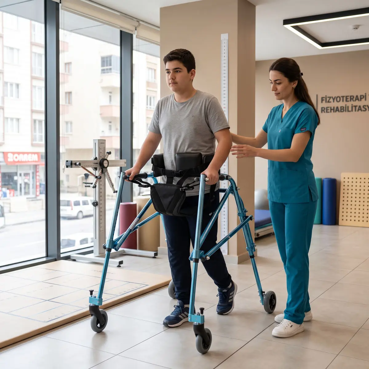 Rehabilitasyon merkezinde geniş beden ters walker ile yürüyüş denemesi yapan kullanıcı
